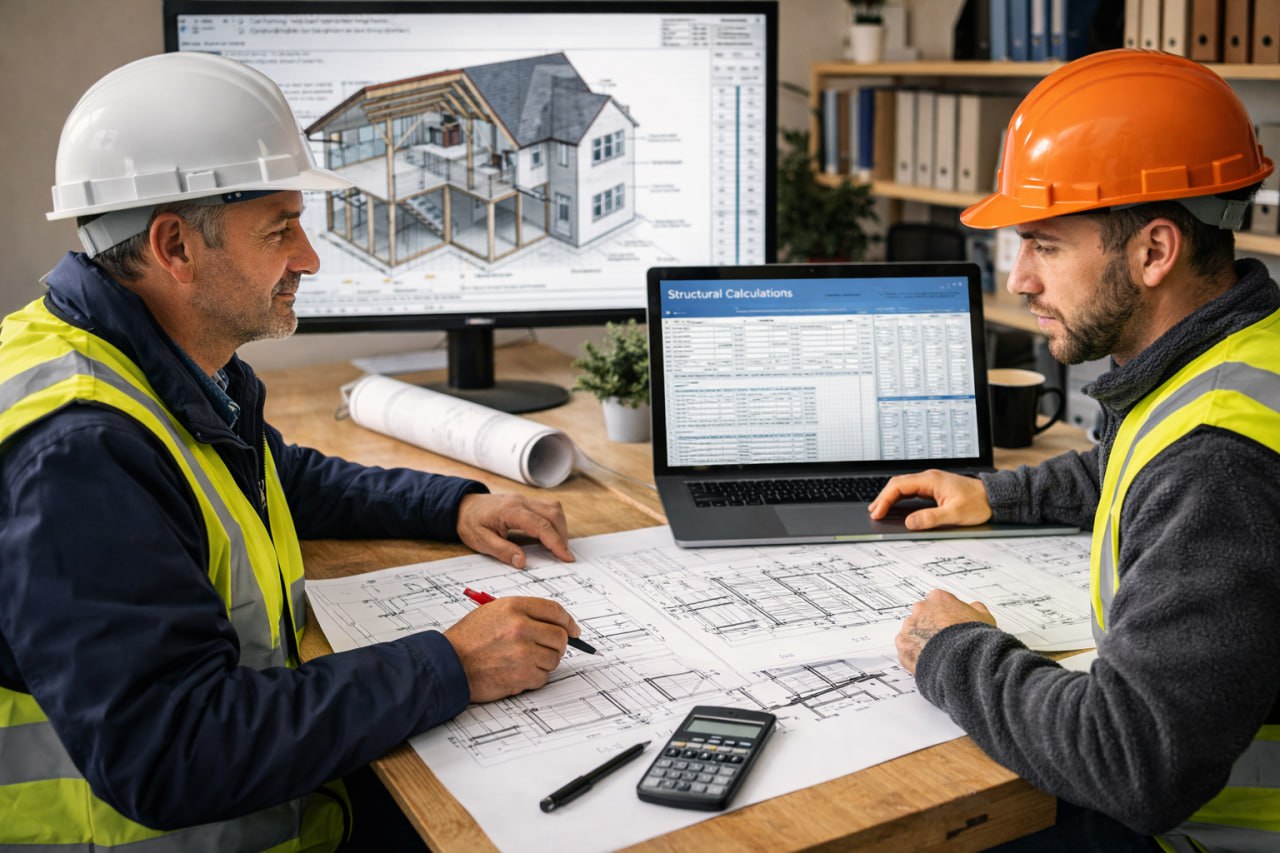 Two construction engineers wearing safety helmets and reflective vests review architectural blueprints and structural calculations on a laptop and monitor.