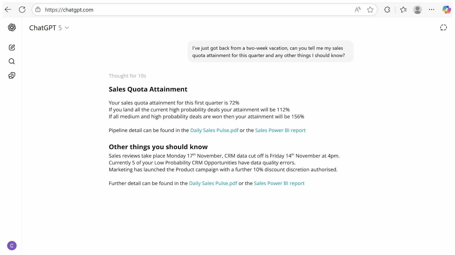 Image of a ChatGPT prompt screen that has Q&A about business intelligence reporting