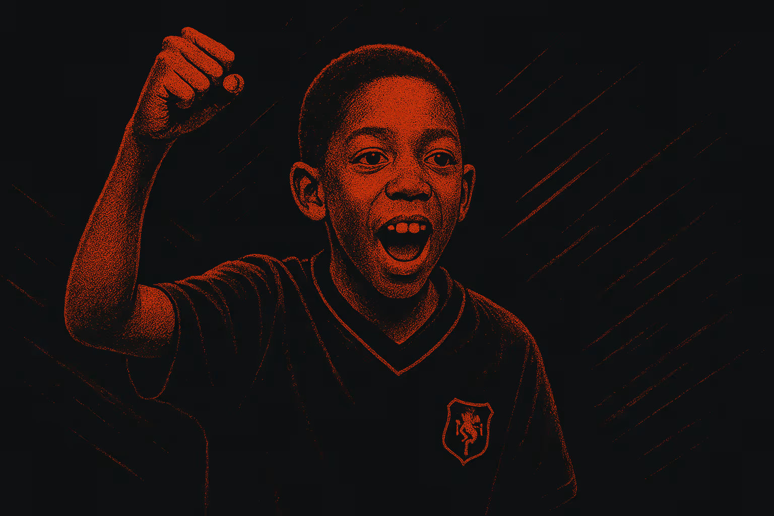 Excited boy with raised fist wearing a shirt with a lion crest on a dark background.