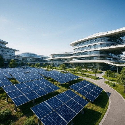 Futuristic technology campus powered by renewable energy.