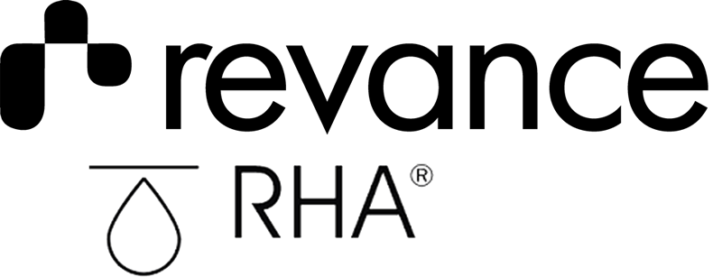 Revance RHA brand logo with stylized cross design and water droplet symbol.