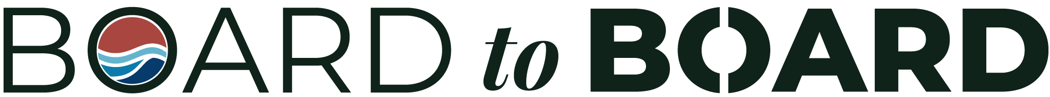 Board to Board logo with stylized O showing red sun above blue waves.