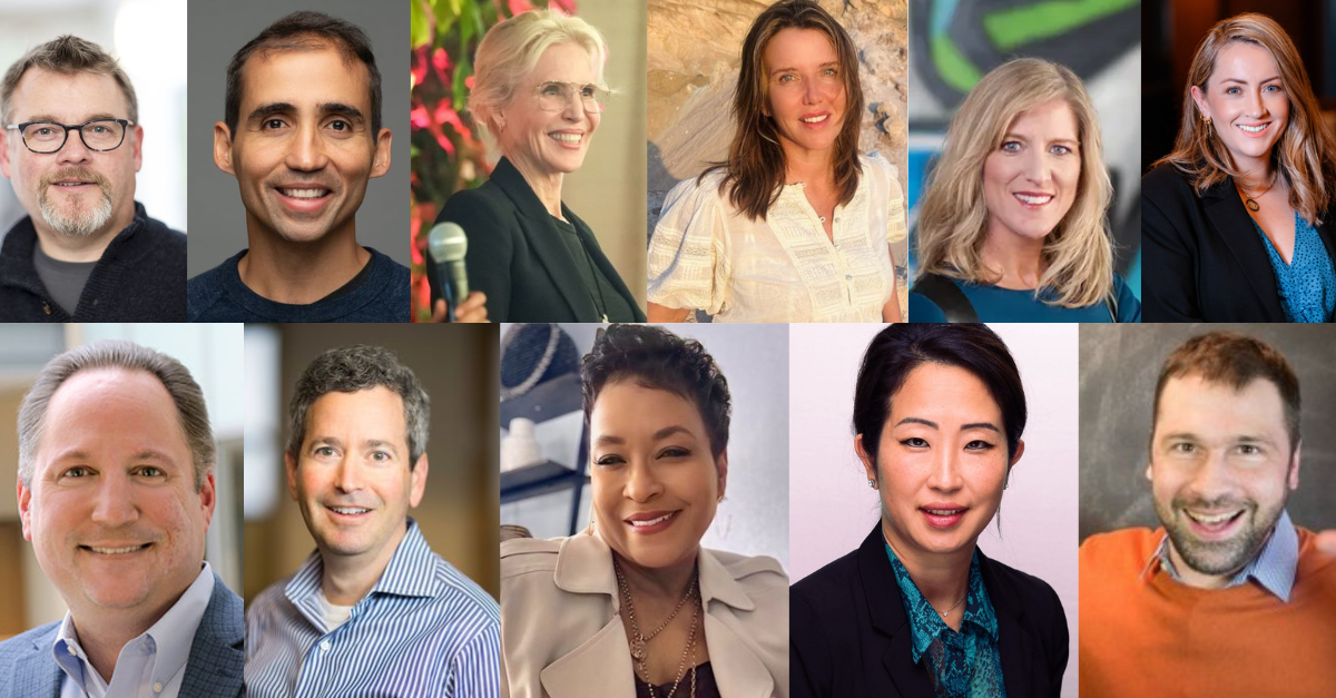 Collage of twelve diverse professionals, six men and six women, all smiling in individual headshots with various indoor and outdoor backgrounds.