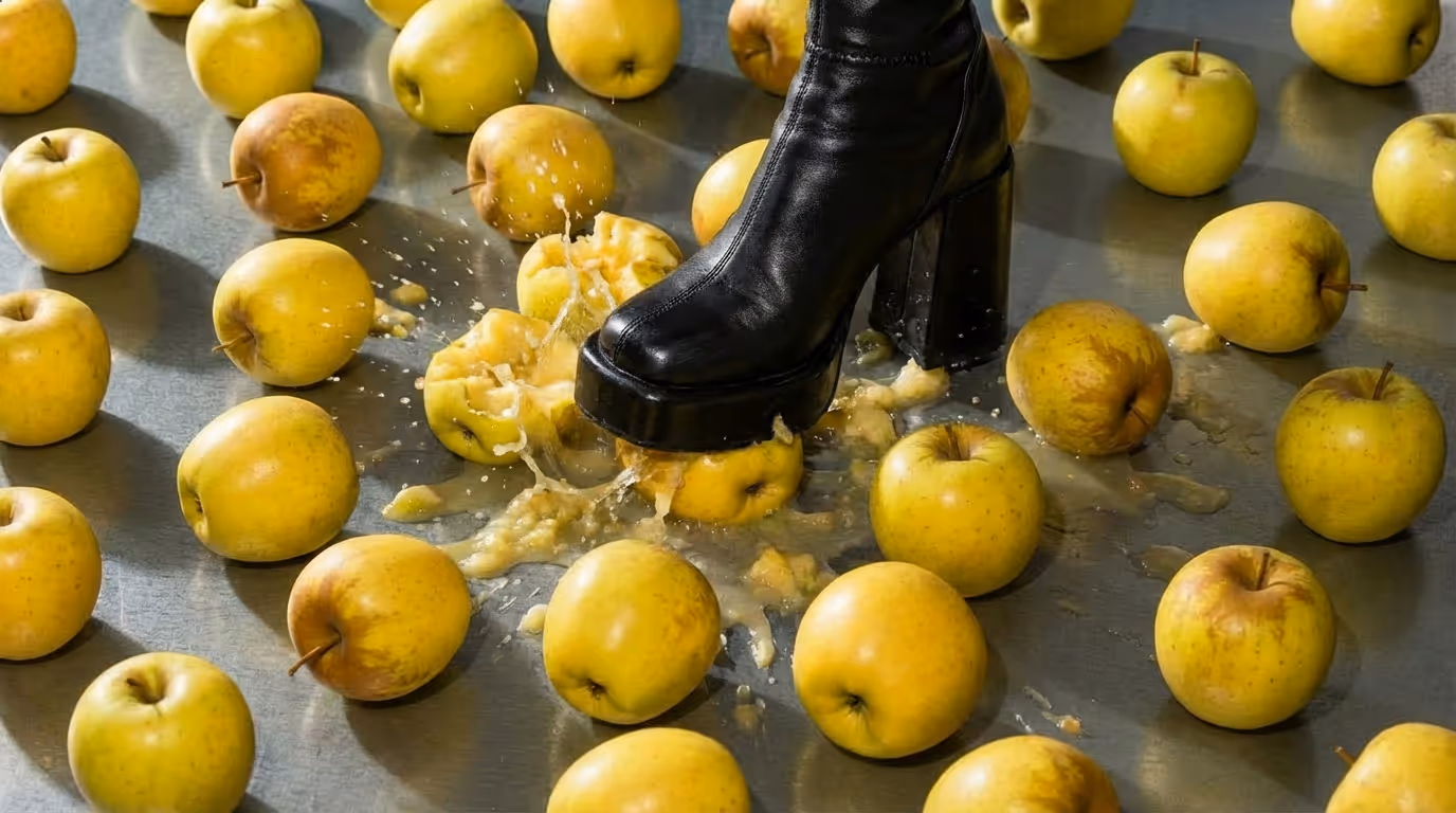 Black leather boot stepping on and crushing a yellow apple among whole yellow apples on a gray surface.