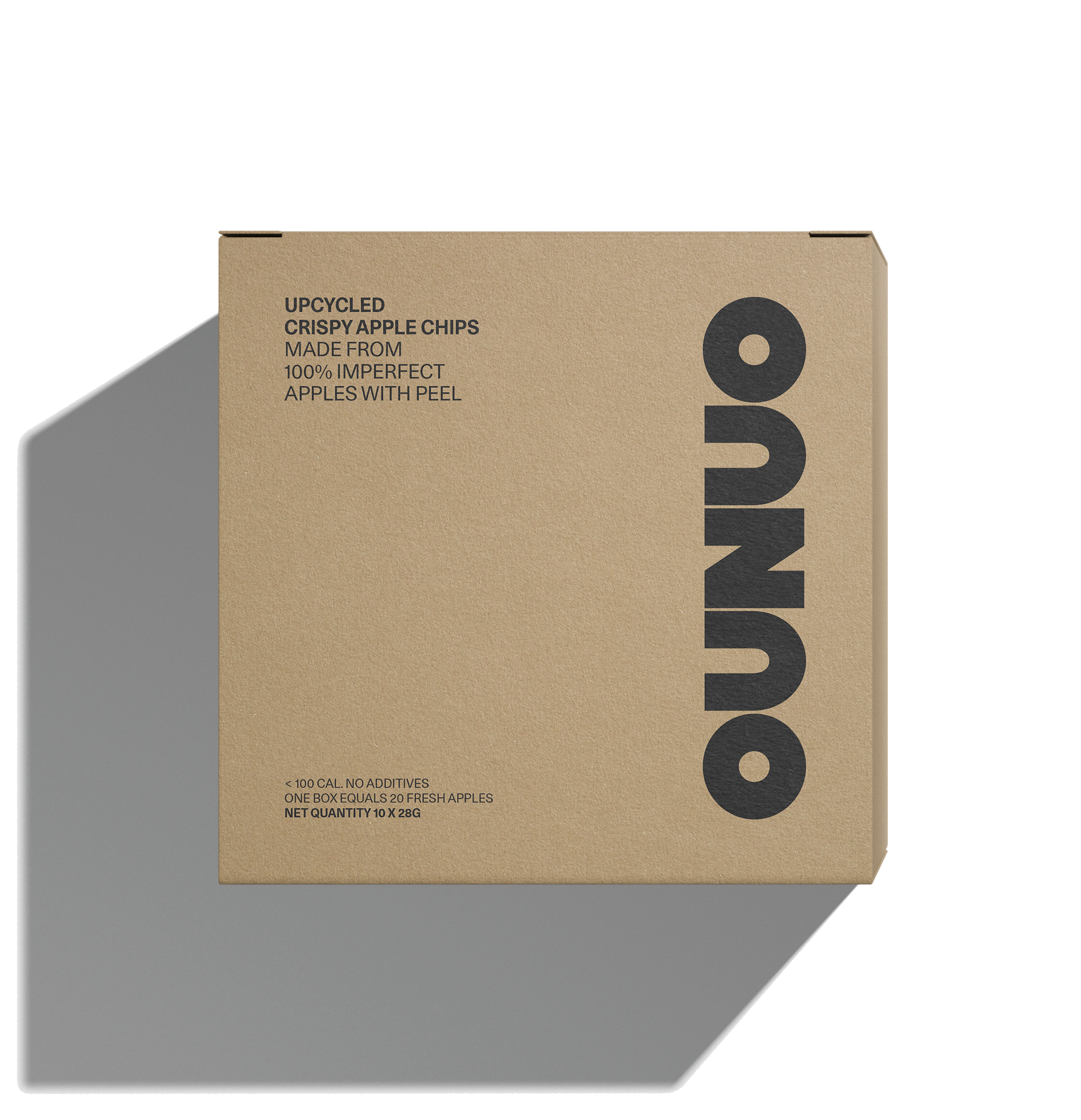 Box of ONUNO upcycled crispy apple chips made from 100% imperfect apples with peel, containing 10 packets of 28 grams.