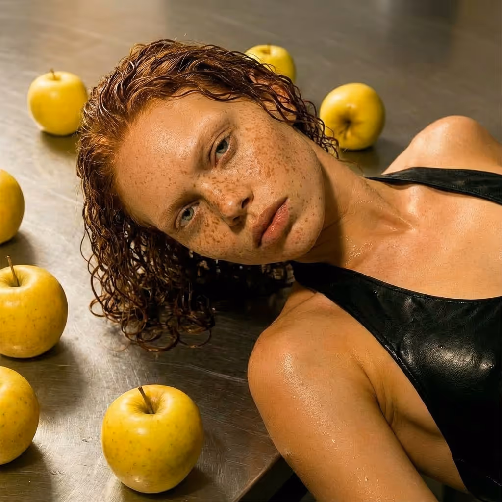 Freckled woman with curly wet hair lying on a metallic surface surrounded by yellow apples.