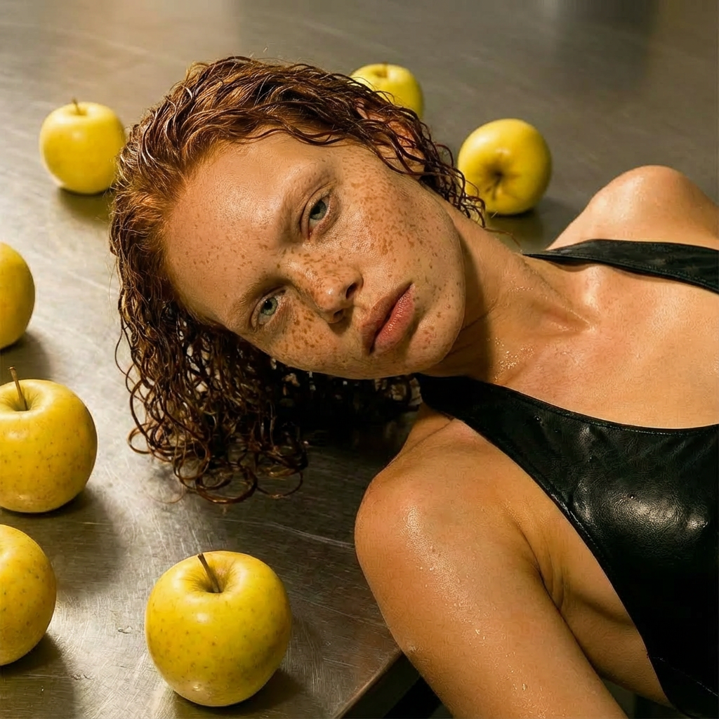 Freckled woman with curly wet hair lying on a metallic surface surrounded by yellow apples.