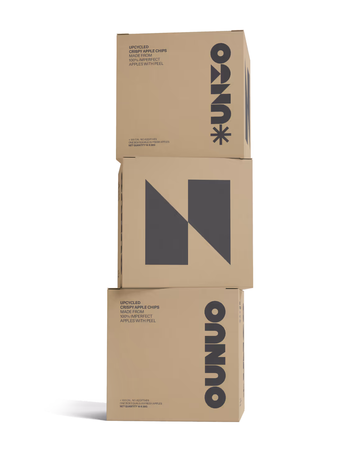 Stack of three beige cardboard boxes of Ounuo upcycled crispy apple chips with black text and geometric logo.