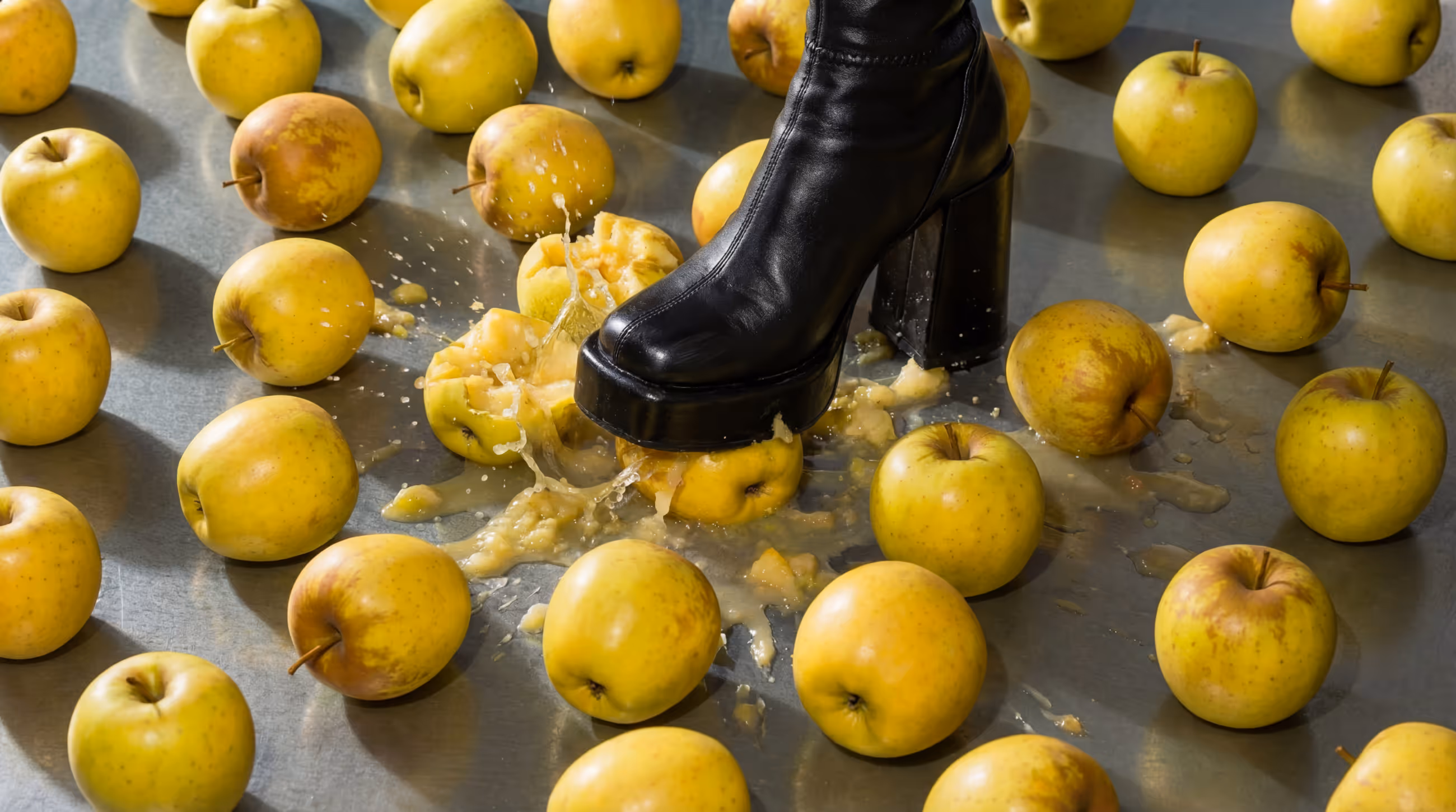 Schwaarze Stiwwel, deen e gielen Apel tëscht ville ganze Äppel op enger Metalluewerfläch zerquetscht.