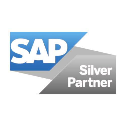 SAP Silver Partner logo with SAP in blue and Silver Partner text on a gray banner.