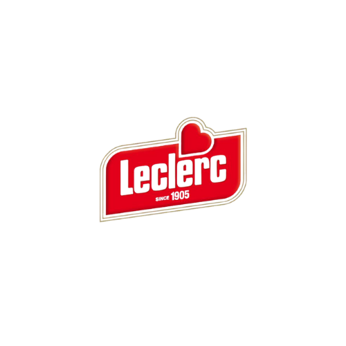 Leclerc logo with a red heart above the text inside a red rectangular shape.