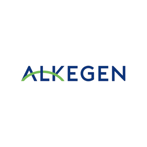 Alkegen company logo with stylized blue text and a green arc crossing the letters A and L.