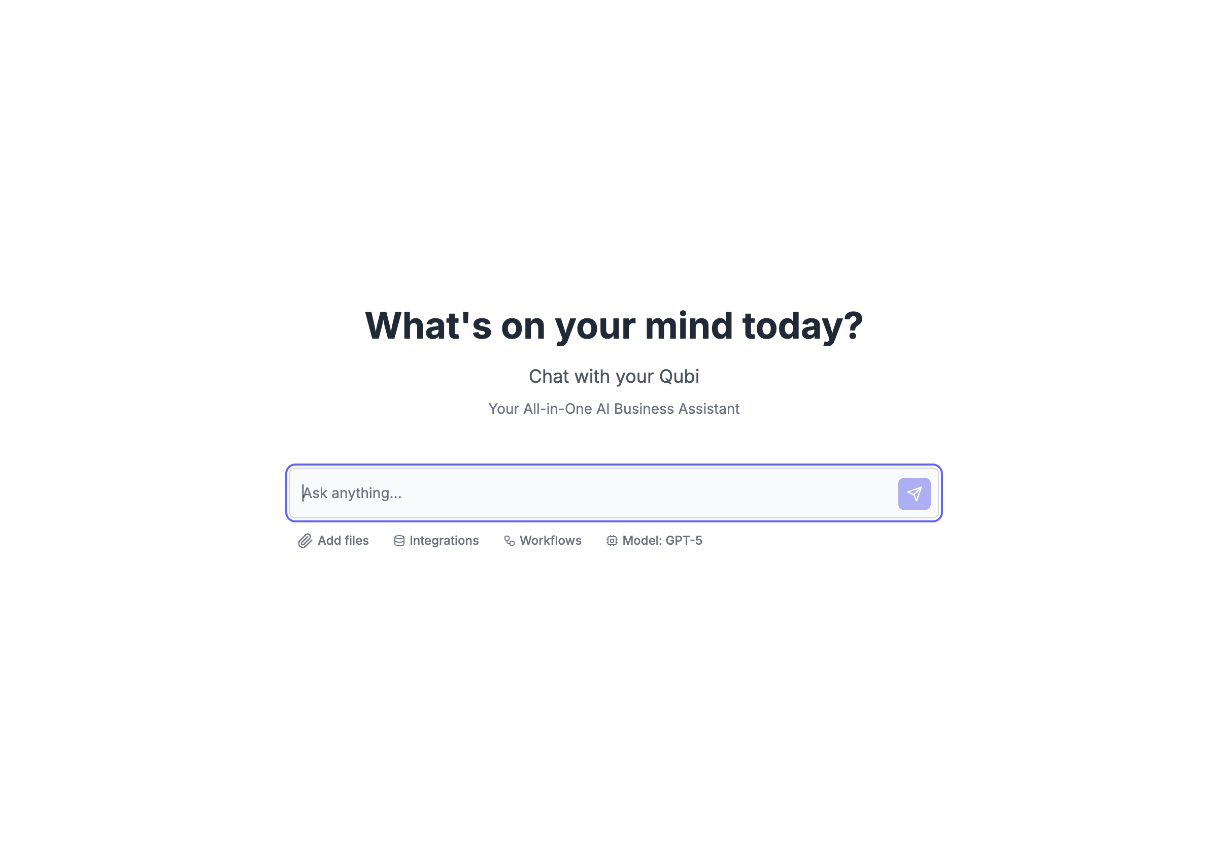 Chat interface with the heading 'What's on your mind today?' and a prompt to 'Chat with your Qubi,' featuring a text input box labeled 'Ask anything...' and options for Add files, Integrations, Workflows, and Model: GPT-5.