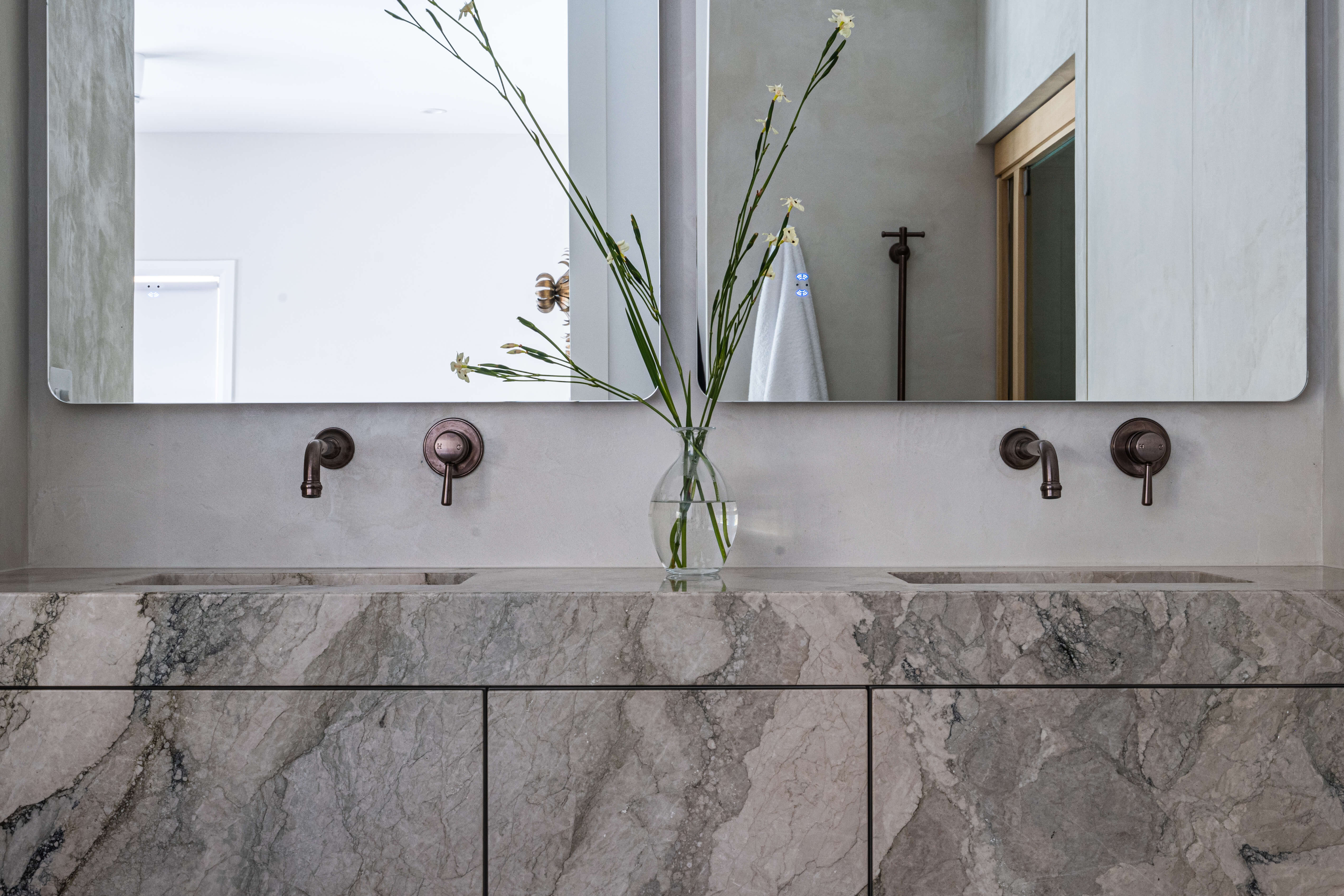 Brushed Faucet Strommen tapware, moody spa-inspired parents' bathroom renovation in Timbeerwah, Noosa Hinterland by Pearl Interiors, built with Squire Development Group, Ace Stone and Tile stone tiling and Faucet Strommen tapware
