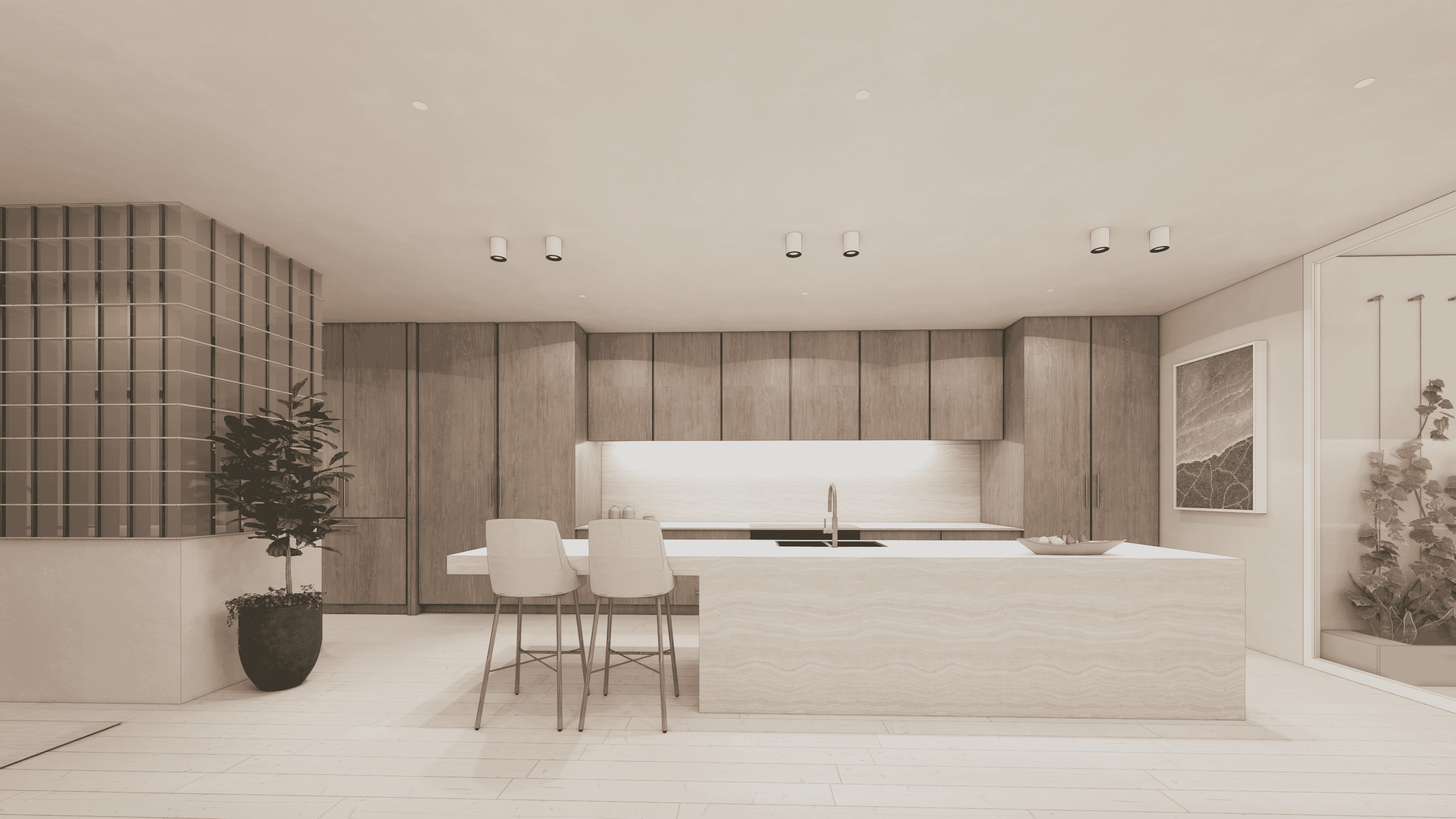 Considered material palette, concept interior design for ARADA Developments by Pearl Interiors, natural stone and timber new build, NSW