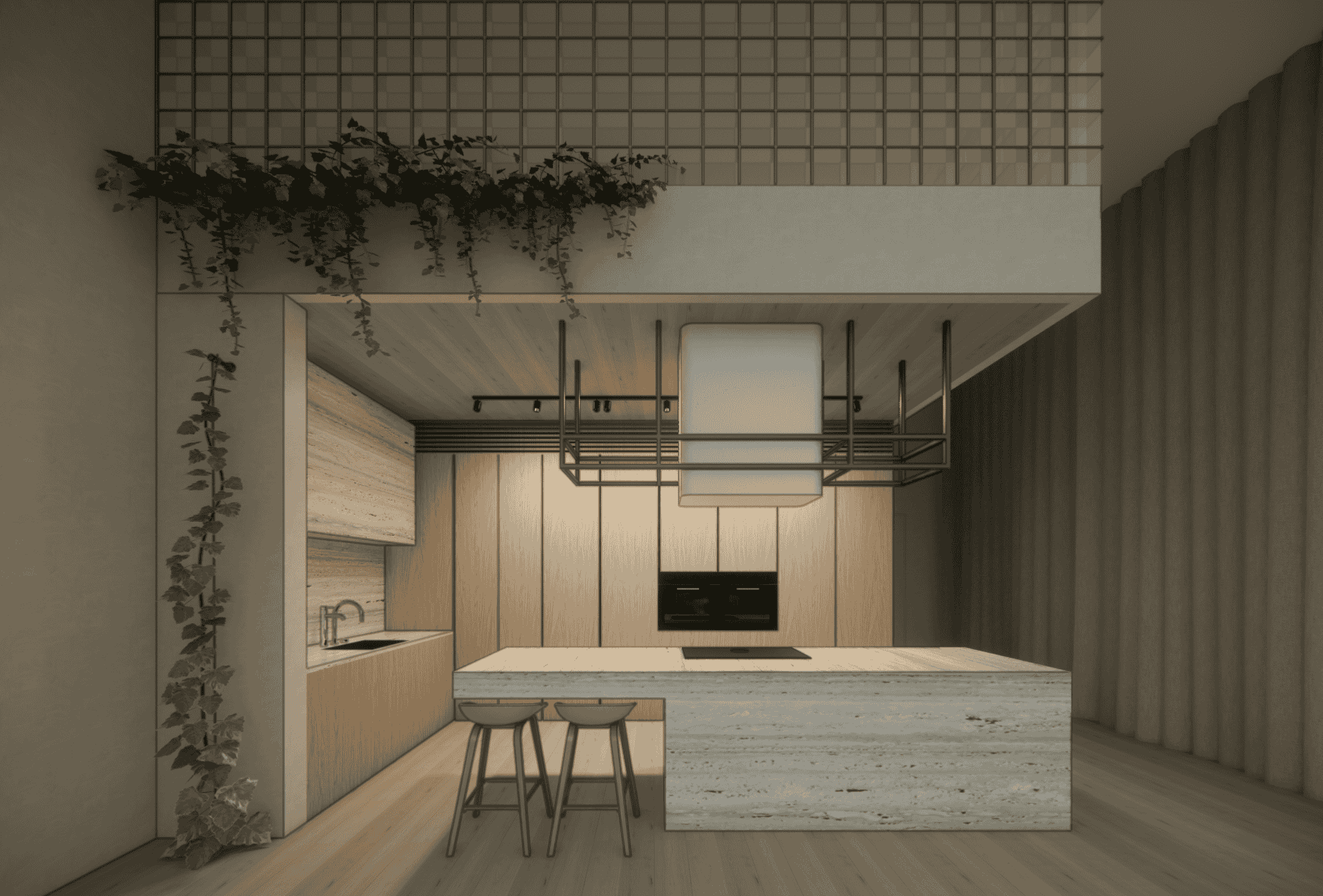 Kitchen design concept, concept interior design for ARADA Developments by Pearl Interiors, natural stone and timber new build, NSW