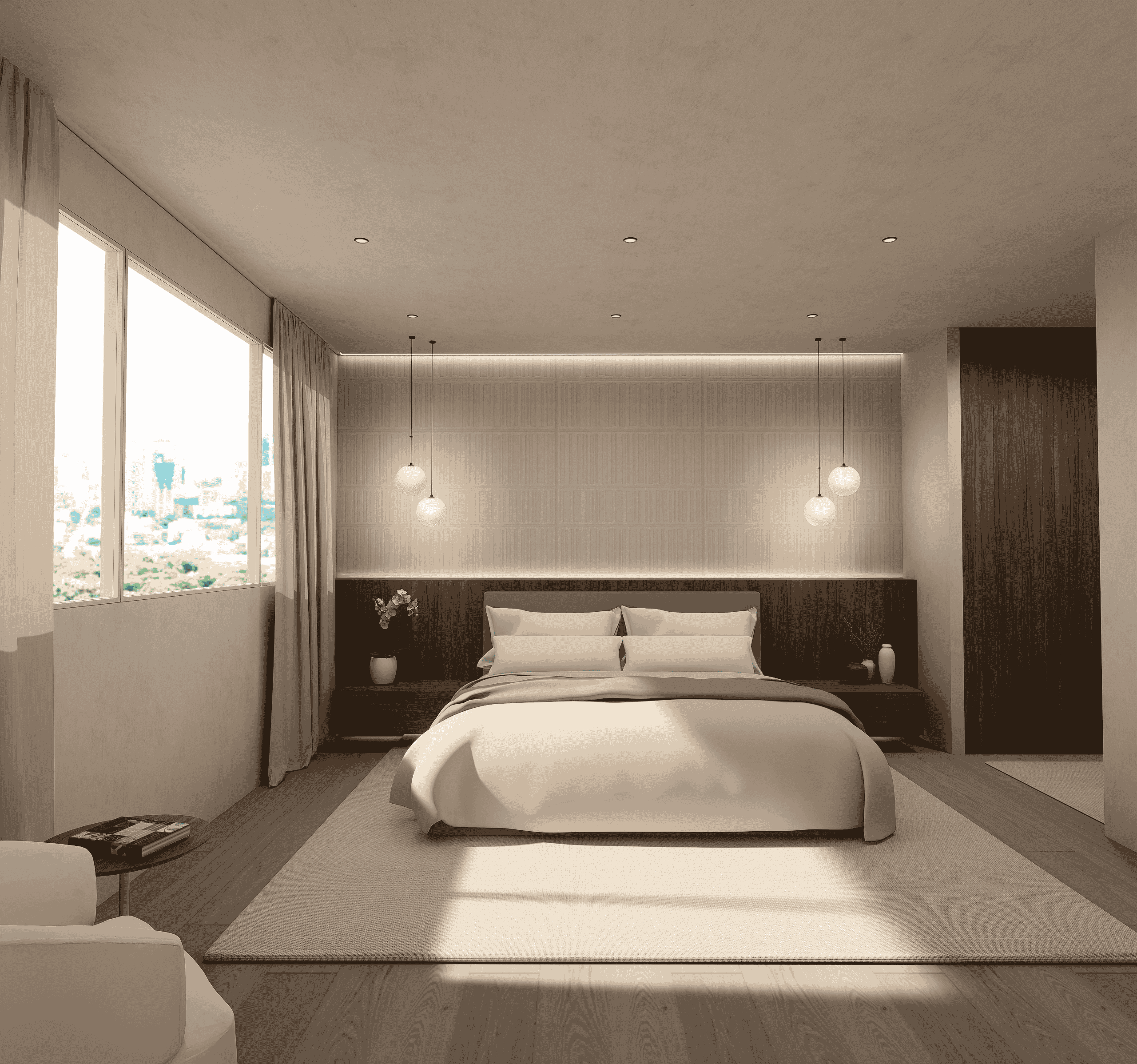 Premium living concept render, concept interior design for ARADA Developments by Pearl Interiors, natural stone and timber new build, NSW