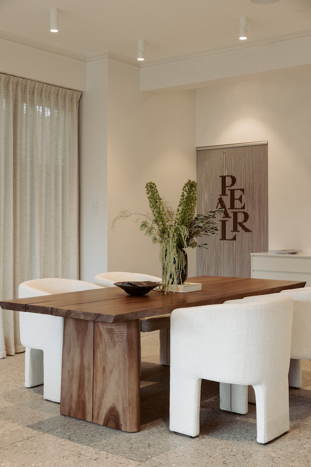 Timber joinery, Pearl Interiors flagship design studio in Noosa Heads, Sunshine Coast, natural stone, timber joinery and vintage lighting