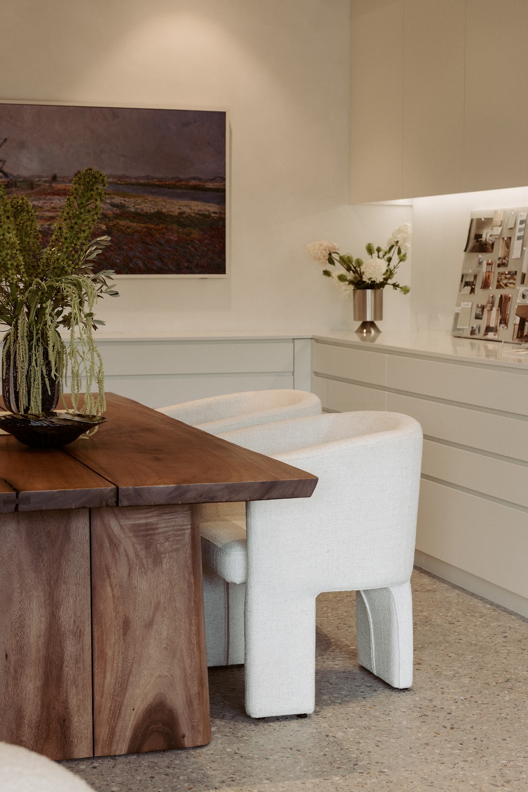 Stone benchtop detail, Pearl Interiors flagship design studio in Noosa Heads, Sunshine Coast, natural stone, timber joinery and vintage lighting