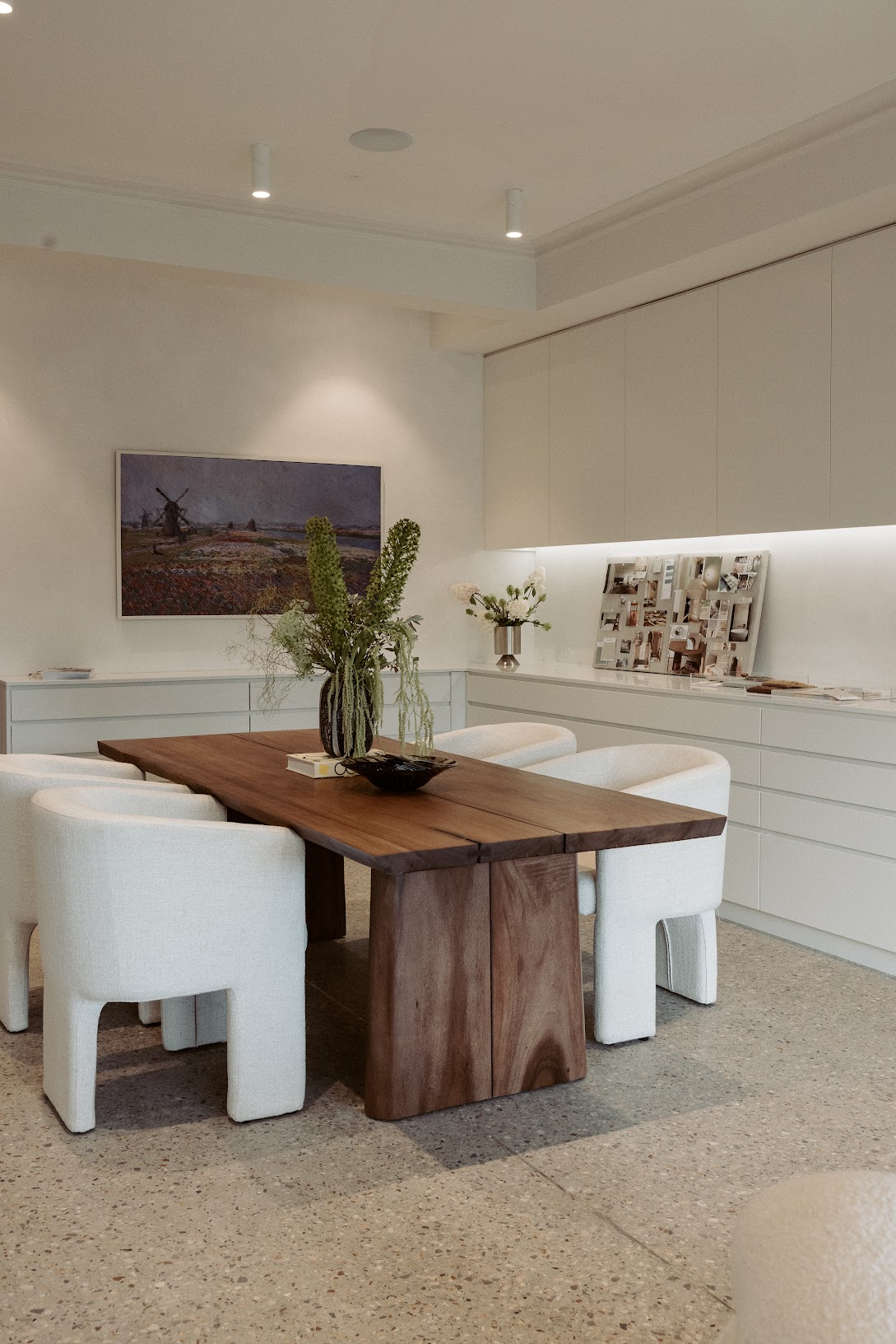Vintage furniture styling, Pearl Interiors flagship design studio in Noosa Heads, Sunshine Coast, natural stone, timber joinery and vintage lighting
