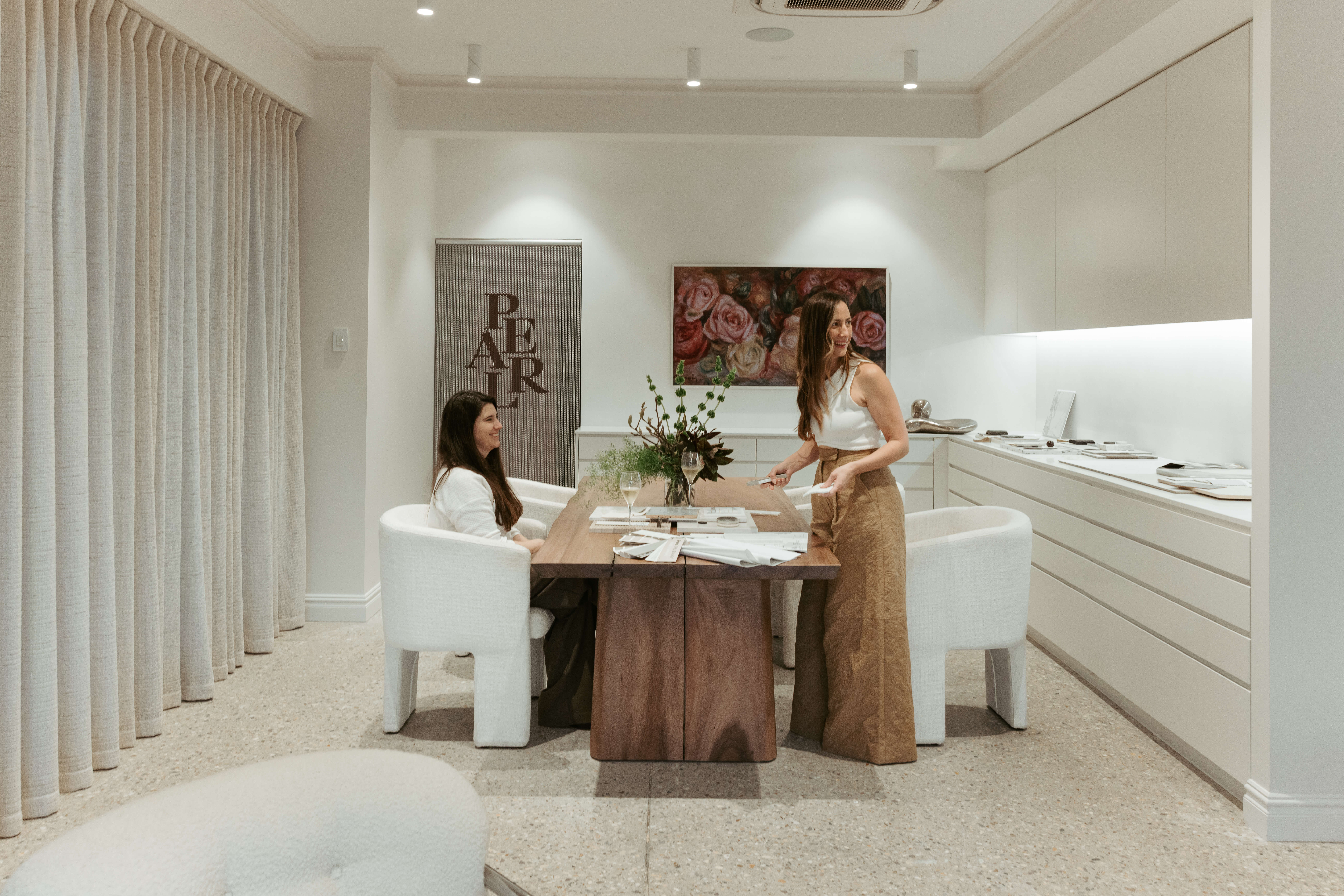 Joinery and cabinetry, Pearl Interiors flagship design studio in Noosa Heads, Sunshine Coast, natural stone, timber joinery and vintage lighting