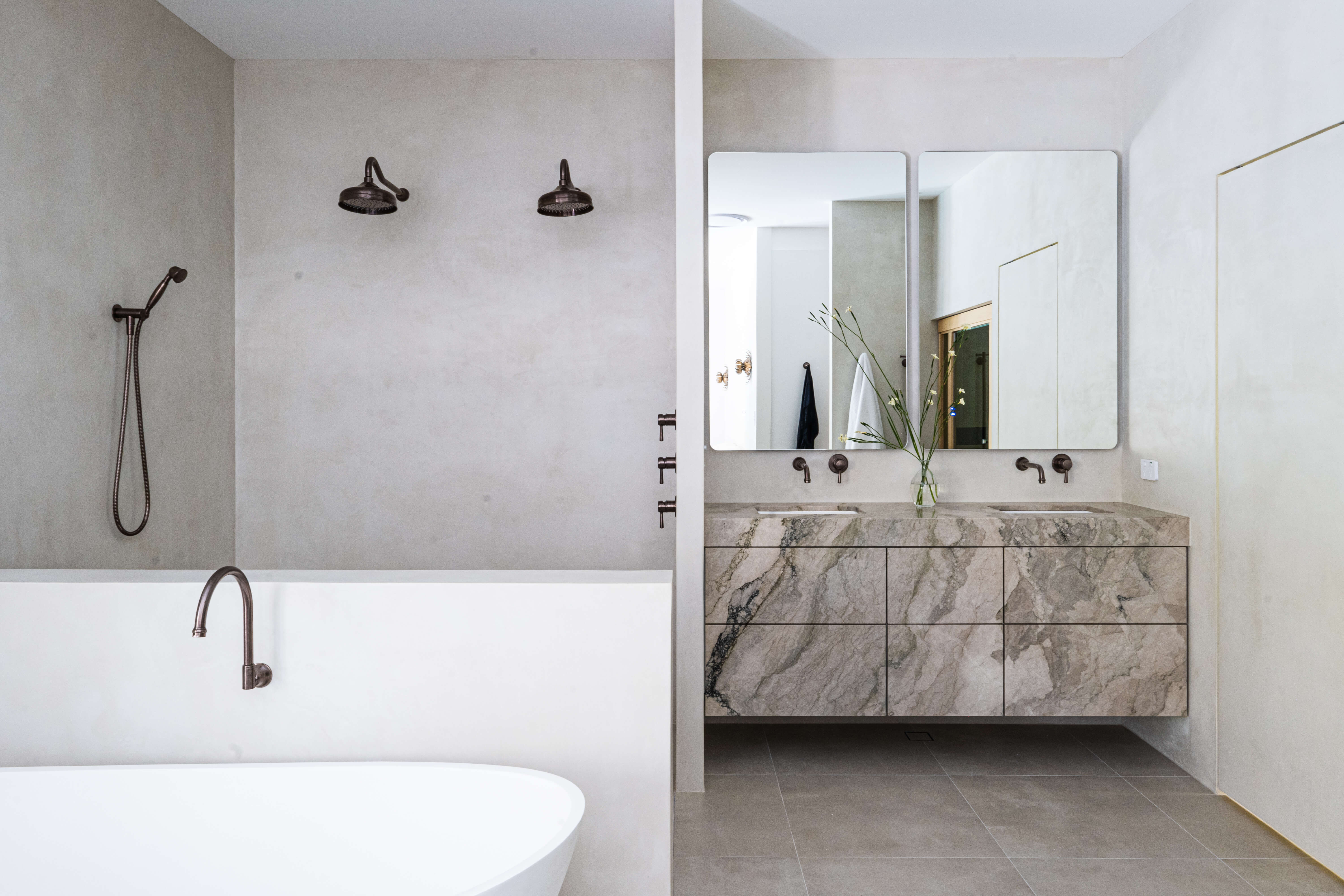 Infrared sauna, moody spa-inspired parents' bathroom renovation in Timbeerwah, Noosa Hinterland by Pearl Interiors, built with Squire Development Group, Ace Stone and Tile stone tiling and Faucet Strommen tapware