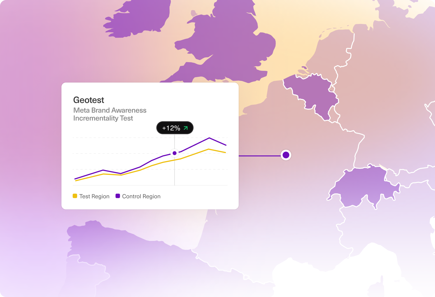 Geotest diagram with lines for Region A and B showing 12% increase, overlaid on a purple-shaded Europe map.