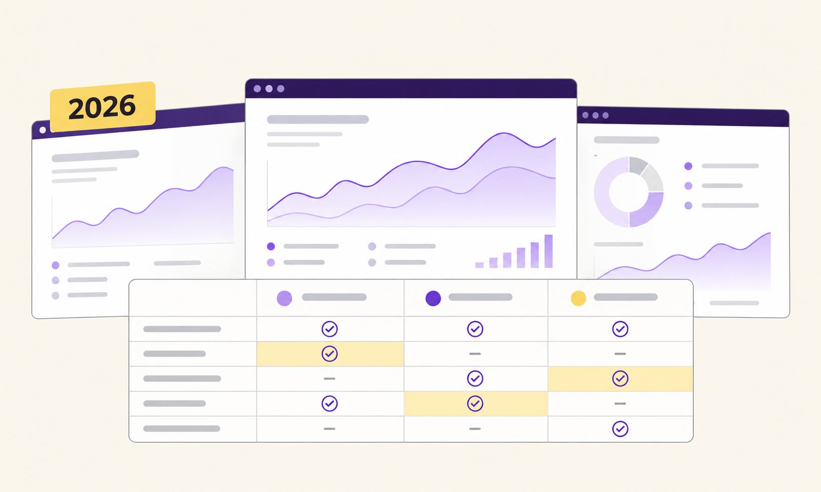 Illustration of three analytics dashboards above a comparison table with a 2026 label, representing a comparison of ecommerce attribution tools