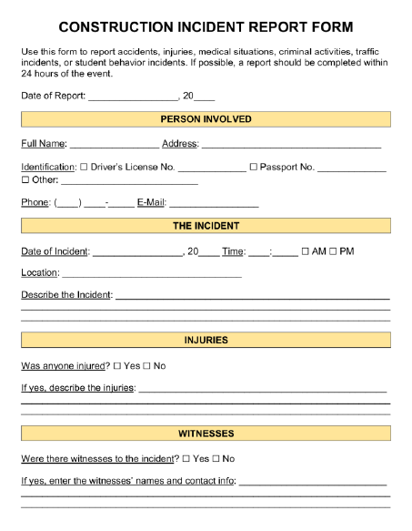 Construction incident report form sample