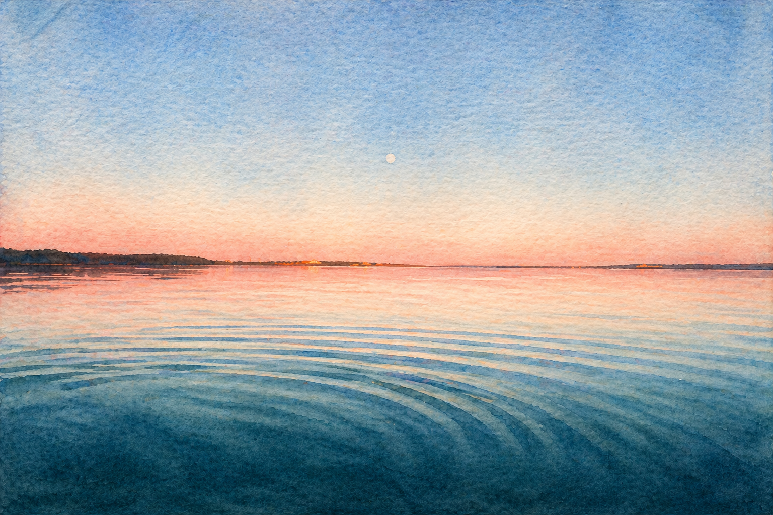 Watercolor illustration of a calm sunset over still water with gentle ripples — a quiet moment of stillness and reflection