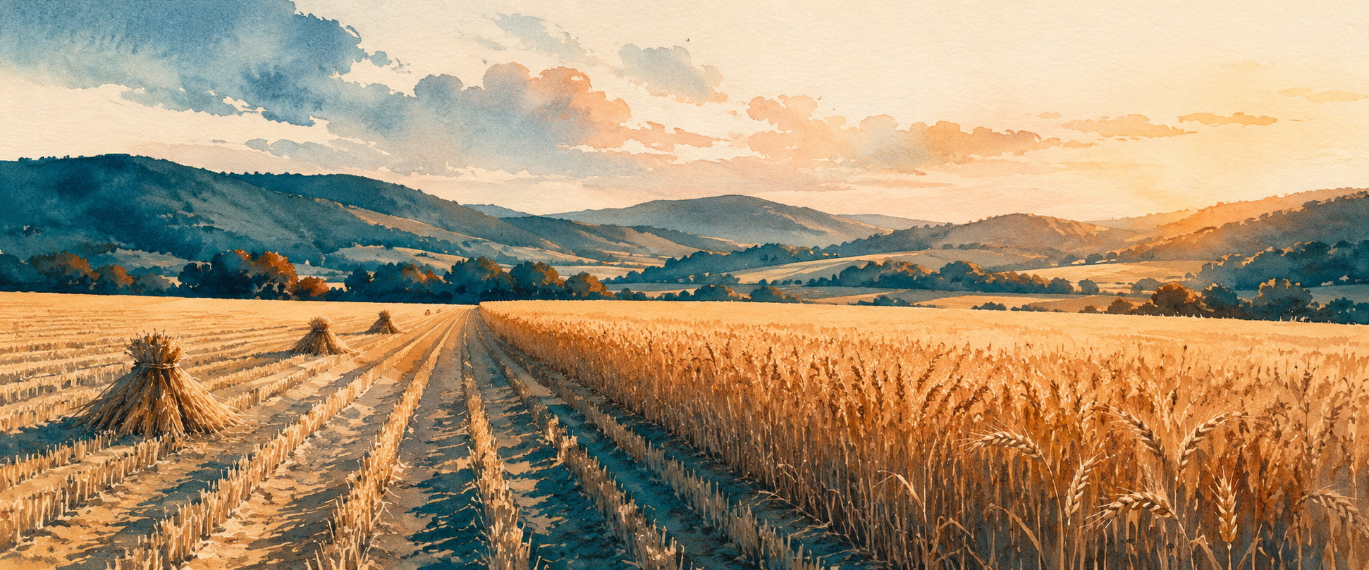 A golden grain field at harvest, partly cut and partly still standing, in warm low light, soft watercolor. Inheritance and stewardship over time illustration.