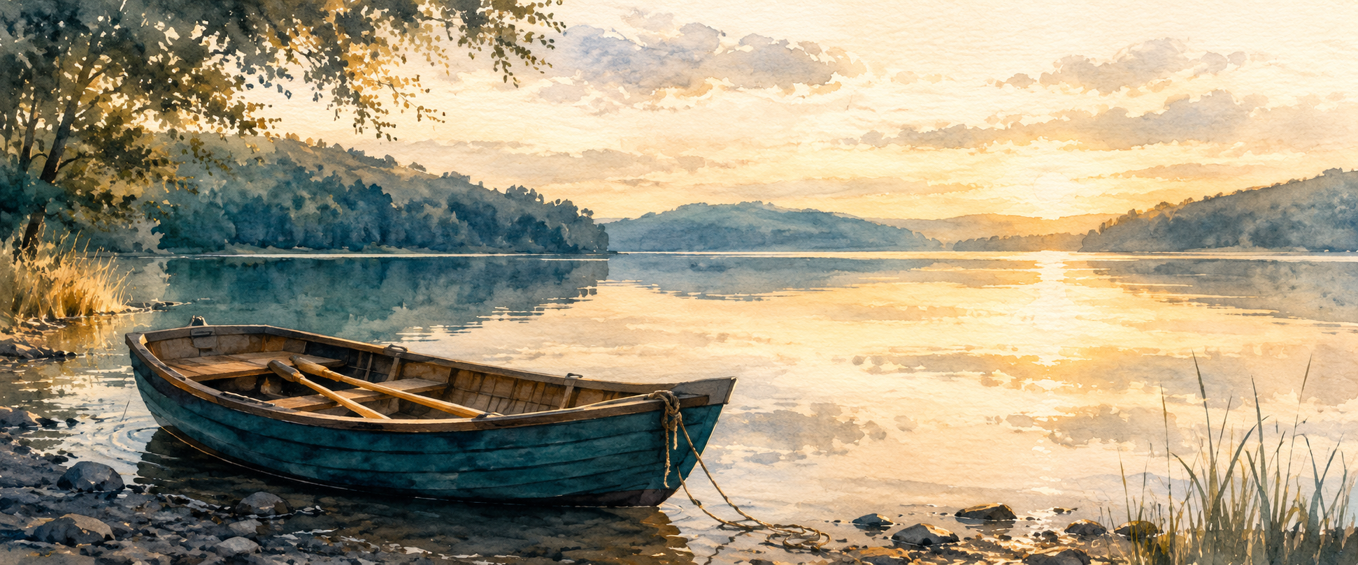 A small wooden fishing boat resting on a calm lakeshore at golden hour, glassy water and wooded hills, soft watercolor. Work and life balance for business owners illustration.