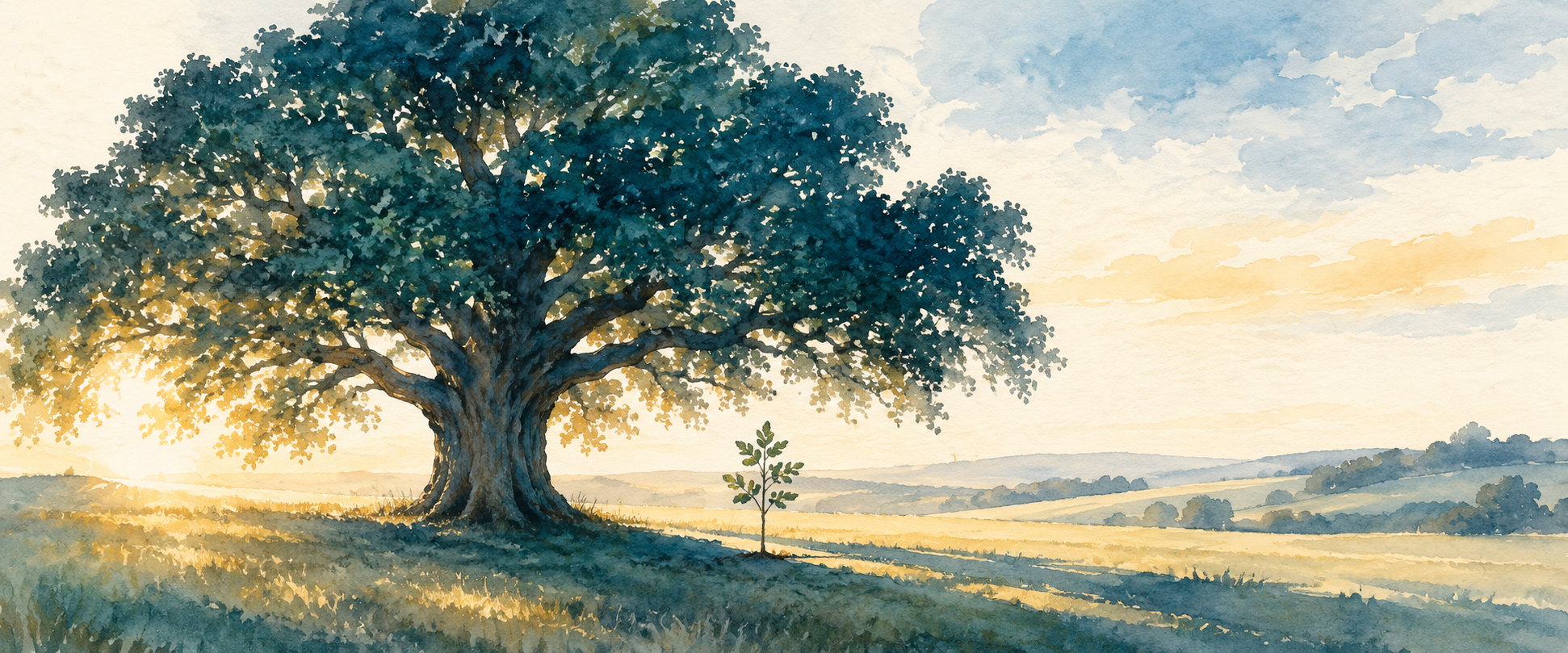 A solitary old oak tree with a young sapling taking root nearby in warm morning light, soft watercolor. Legacy and generational stewardship illustration.