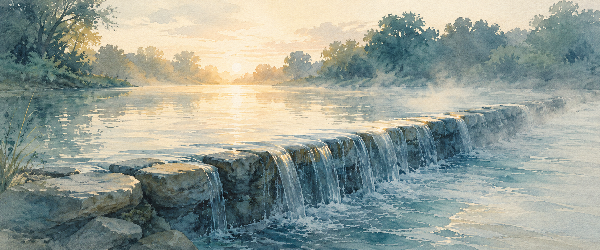 Watercolor of a calm river slipping over a low stone weir, illustrating how retirement income crossing a threshold triggers Social Security tax