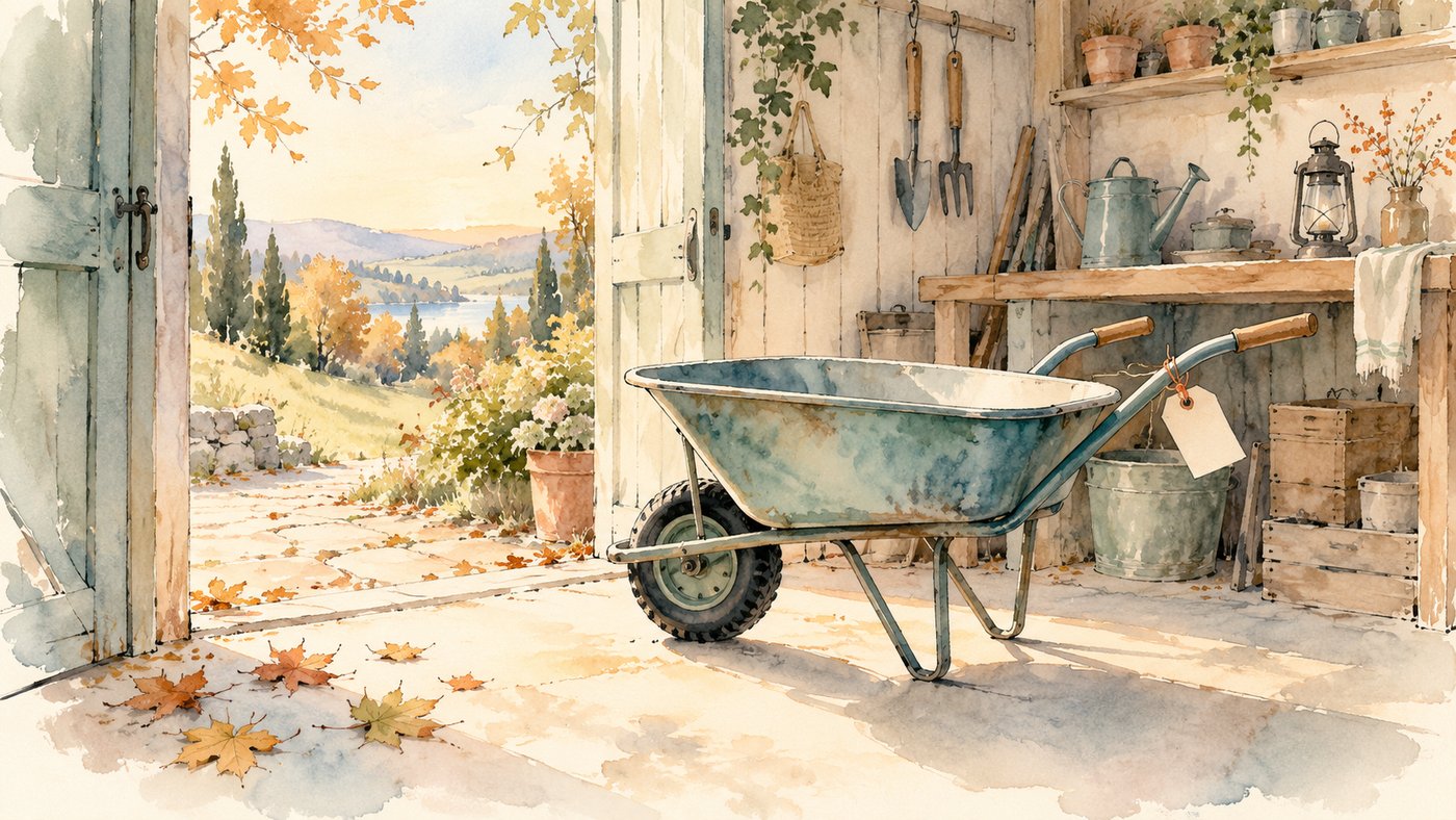 Watercolor of a sturdy new wheelbarrow with a blank price tag parked inside a workshop doorway with autumn leaves at the threshold