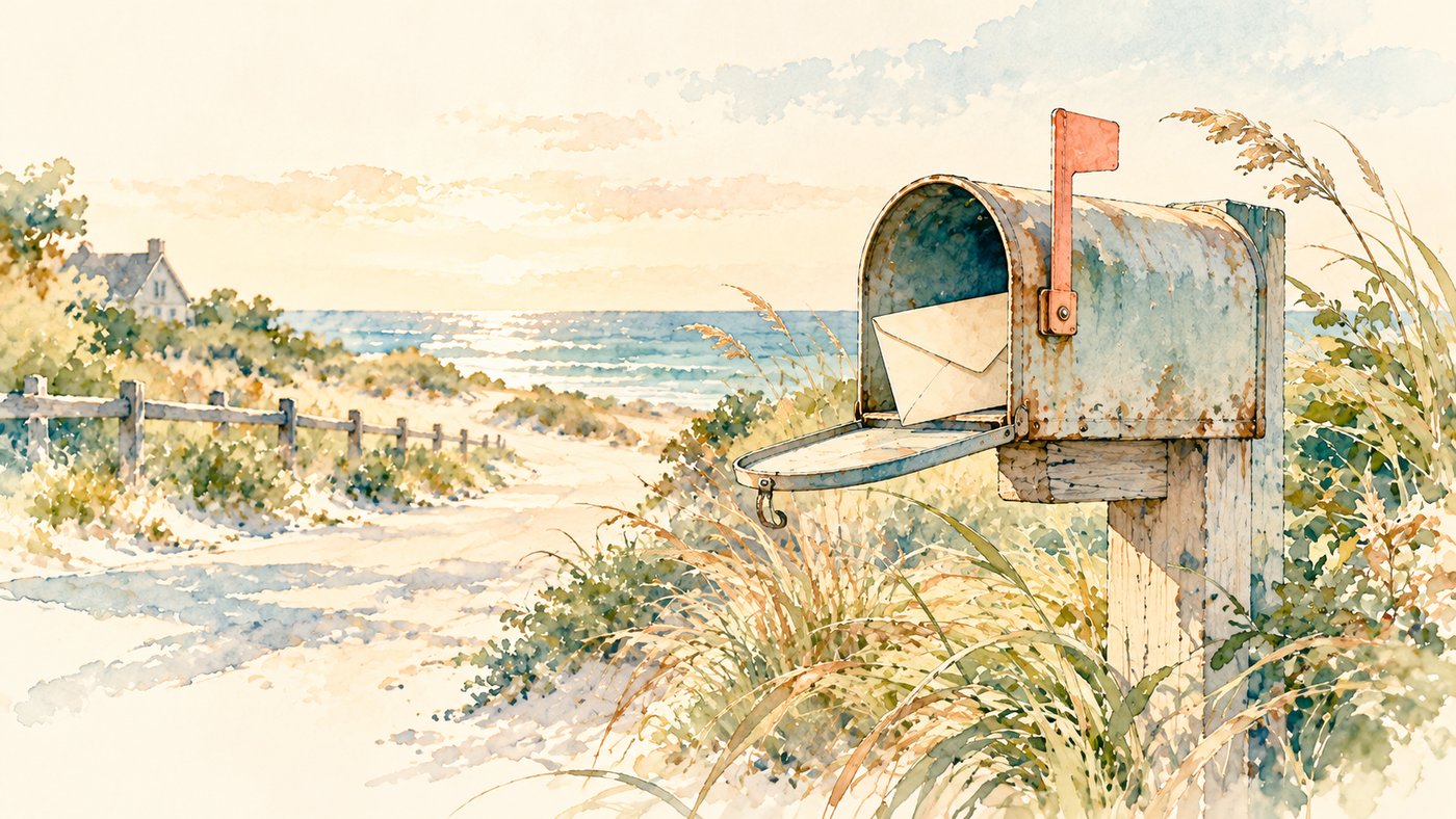 Watercolor of a curbside mailbox with its flag up and one envelope inside, on a coastal lane in morning light