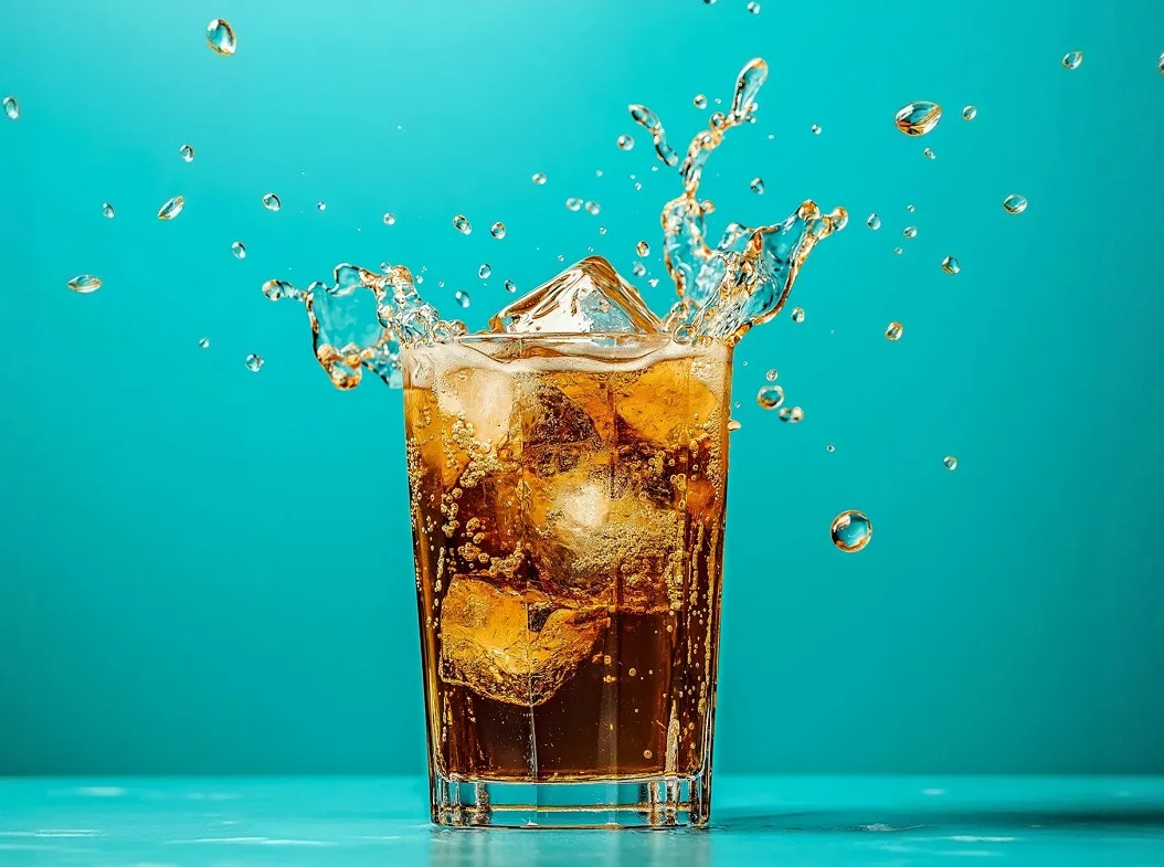 Marketing service image showing a glass full of soda and ice against a turquoise blue background