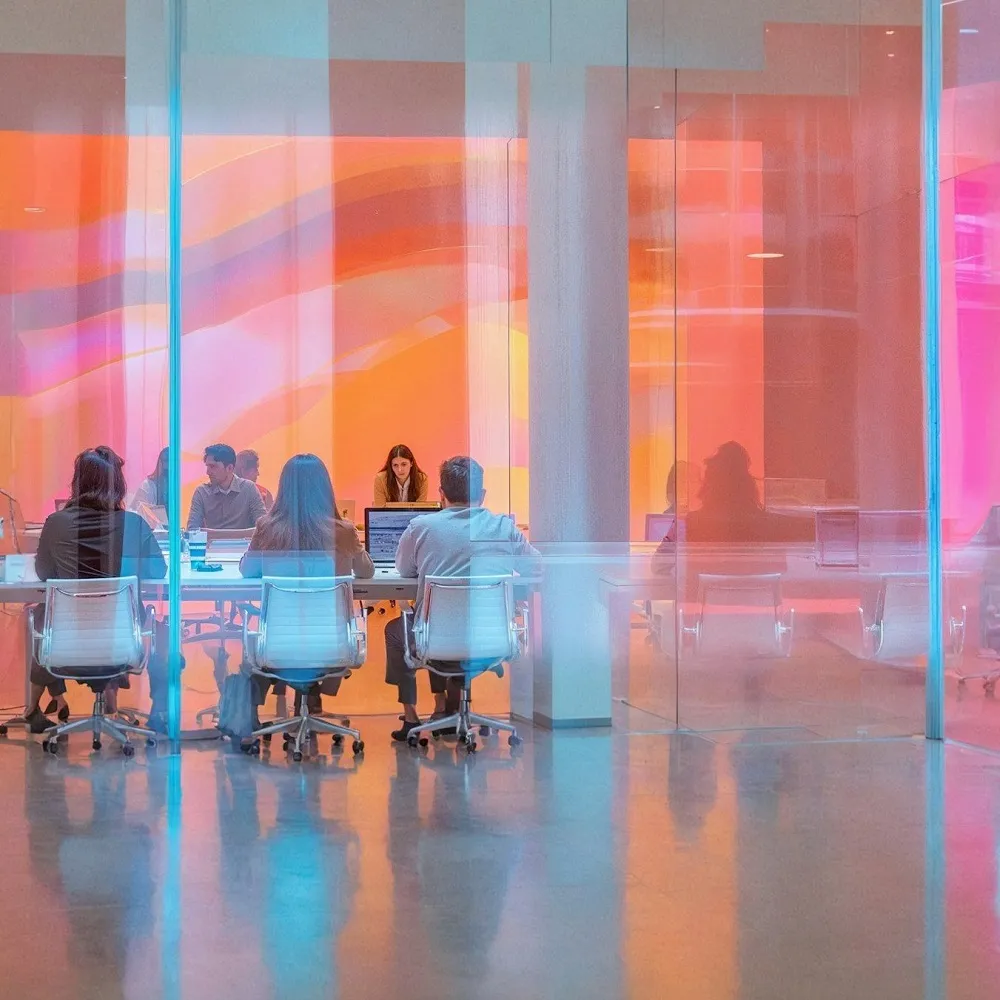 Colorfully decorated office space with people working together at a table