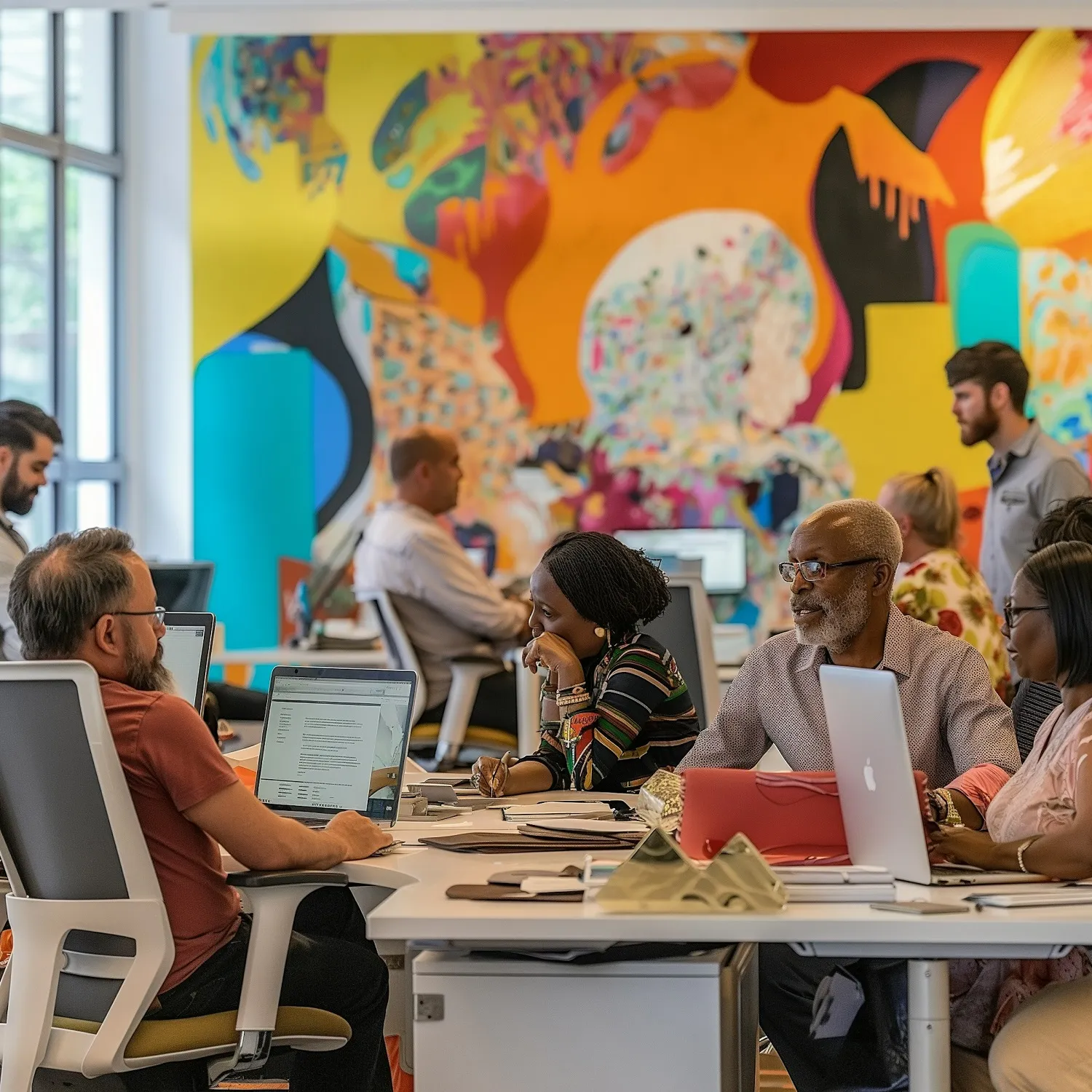 People working together in a colorfully decorated working space