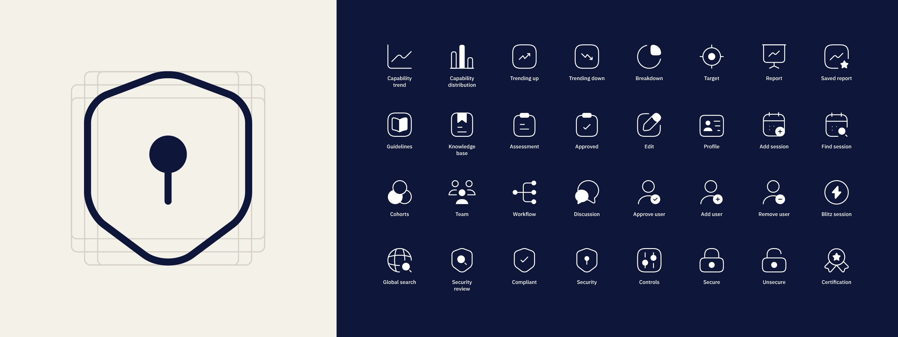 CoreSight icon collection for reporting, teams, and capability data.