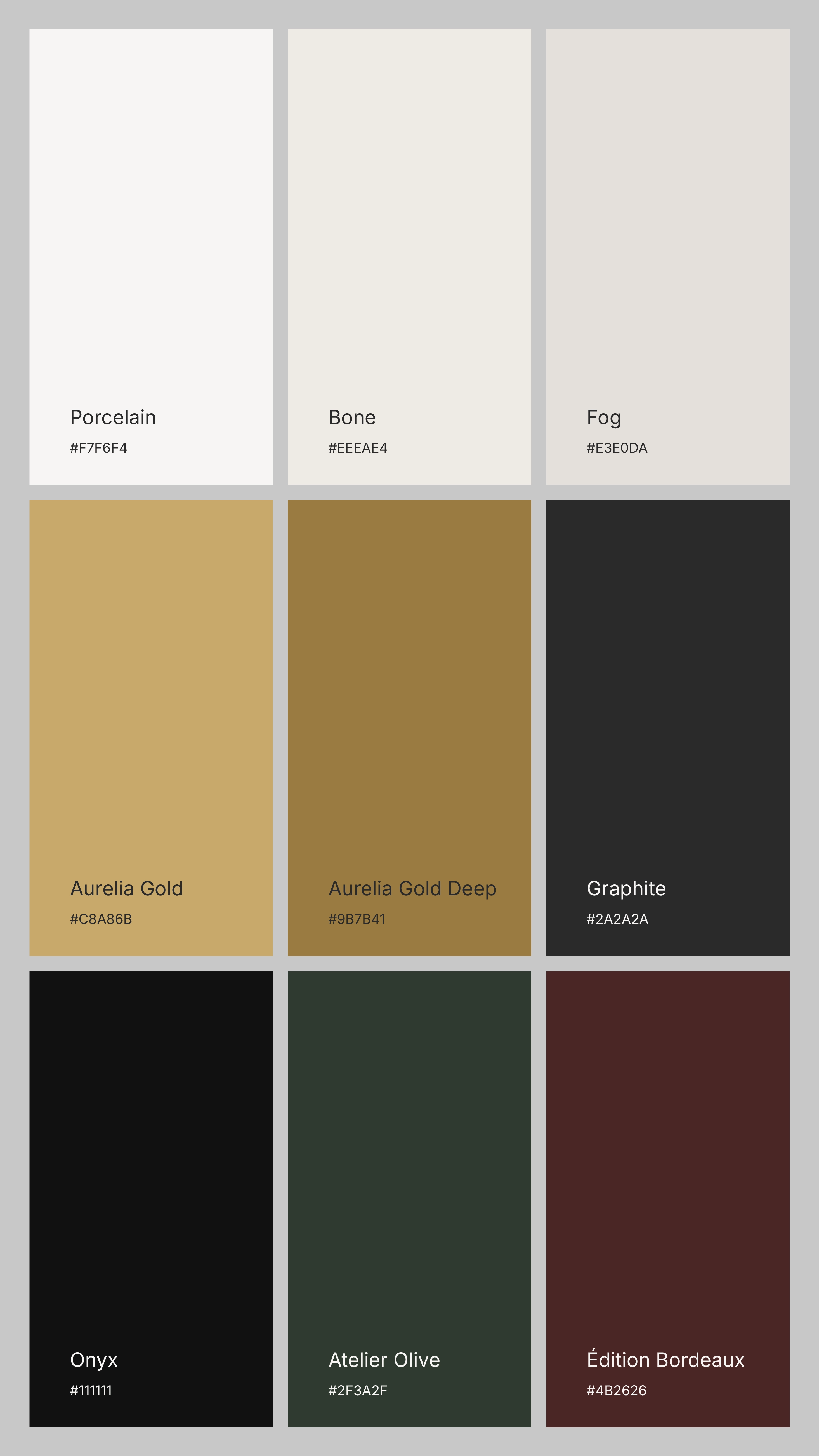 Aurelia brand color palette with ivory, black, burgundy, and gold tones.