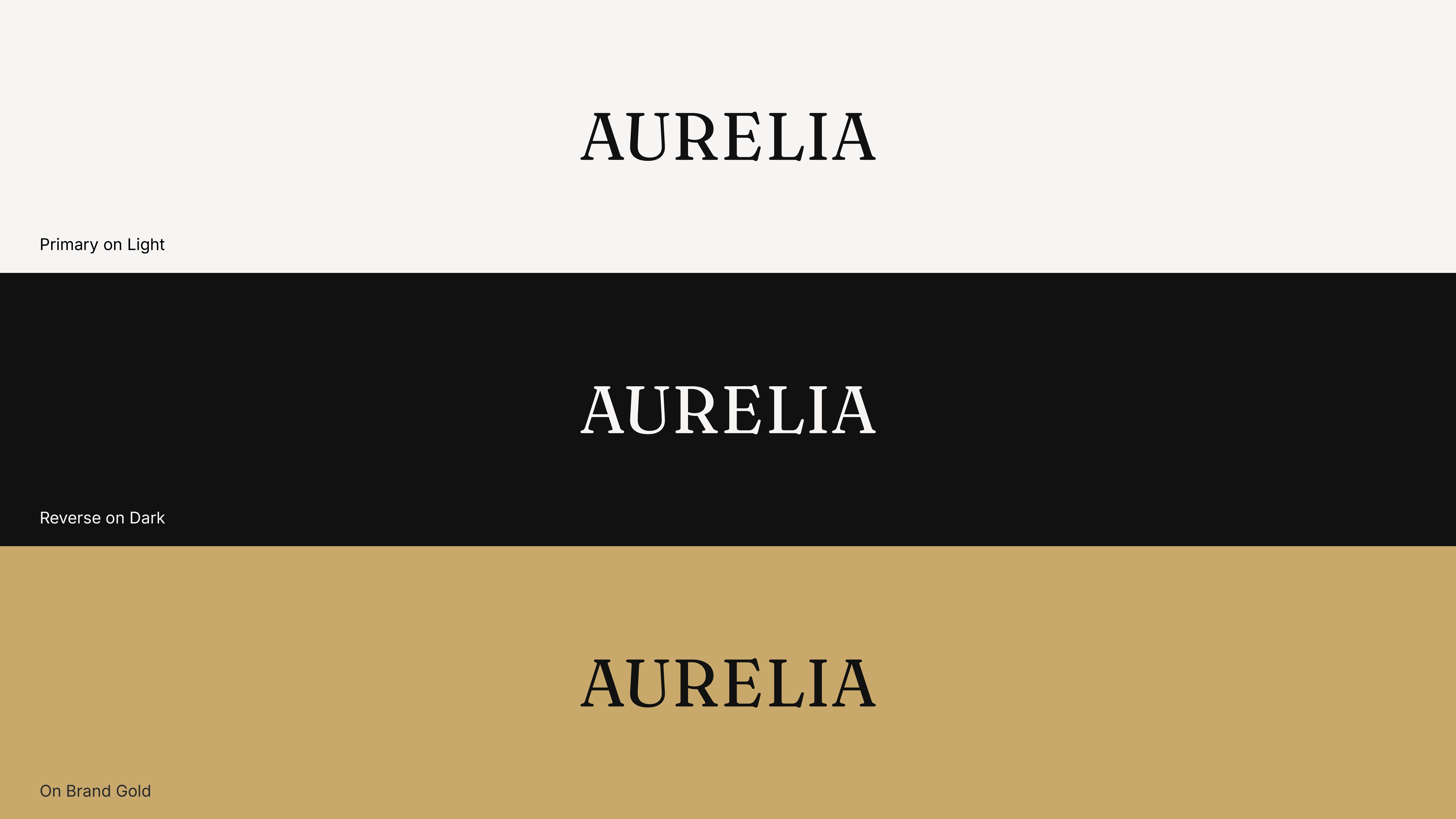 Aurelia wordmark variations shown on light, dark, and gold backgrounds.