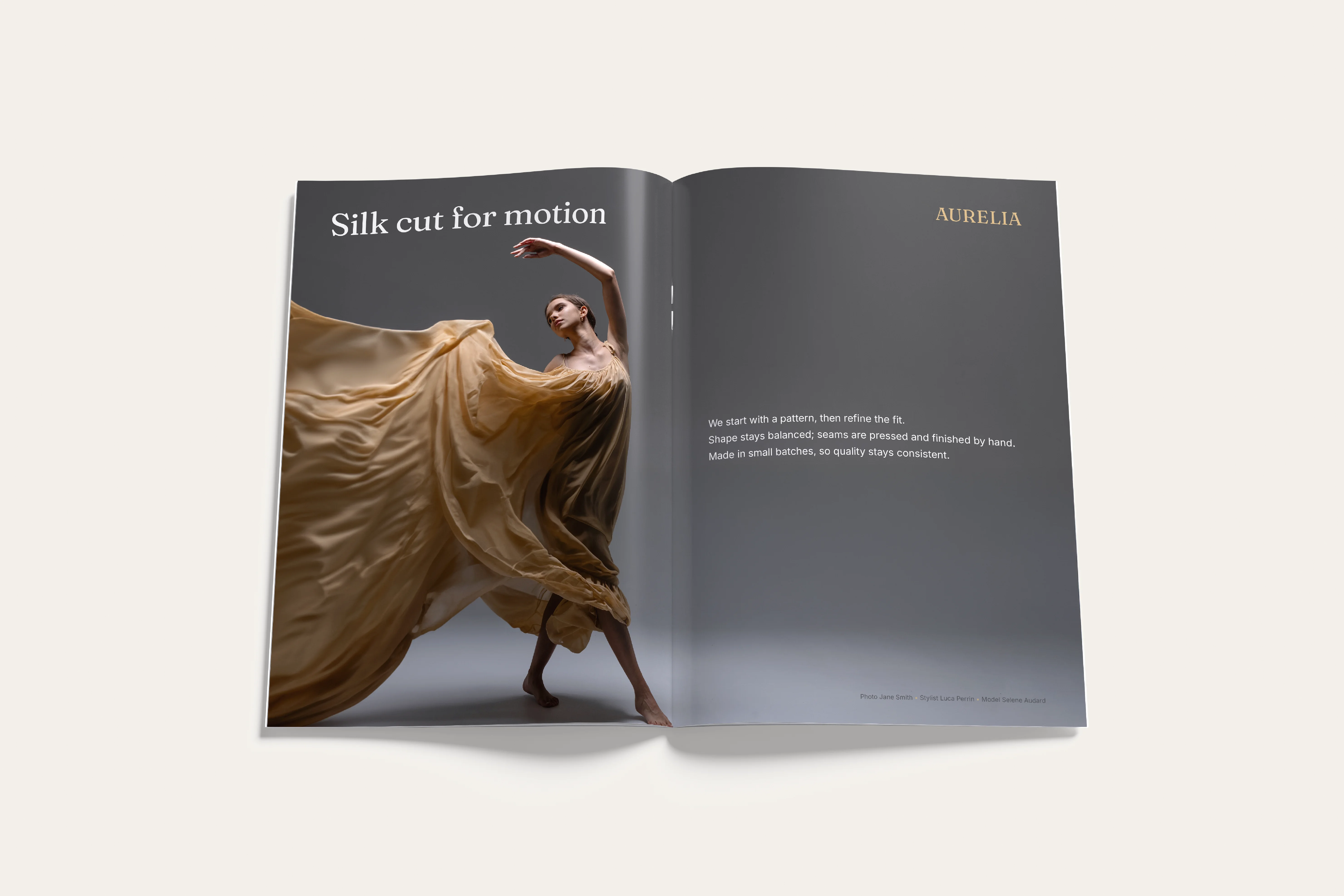 Aurelia printed brand brochure with editorial fashion layouts.