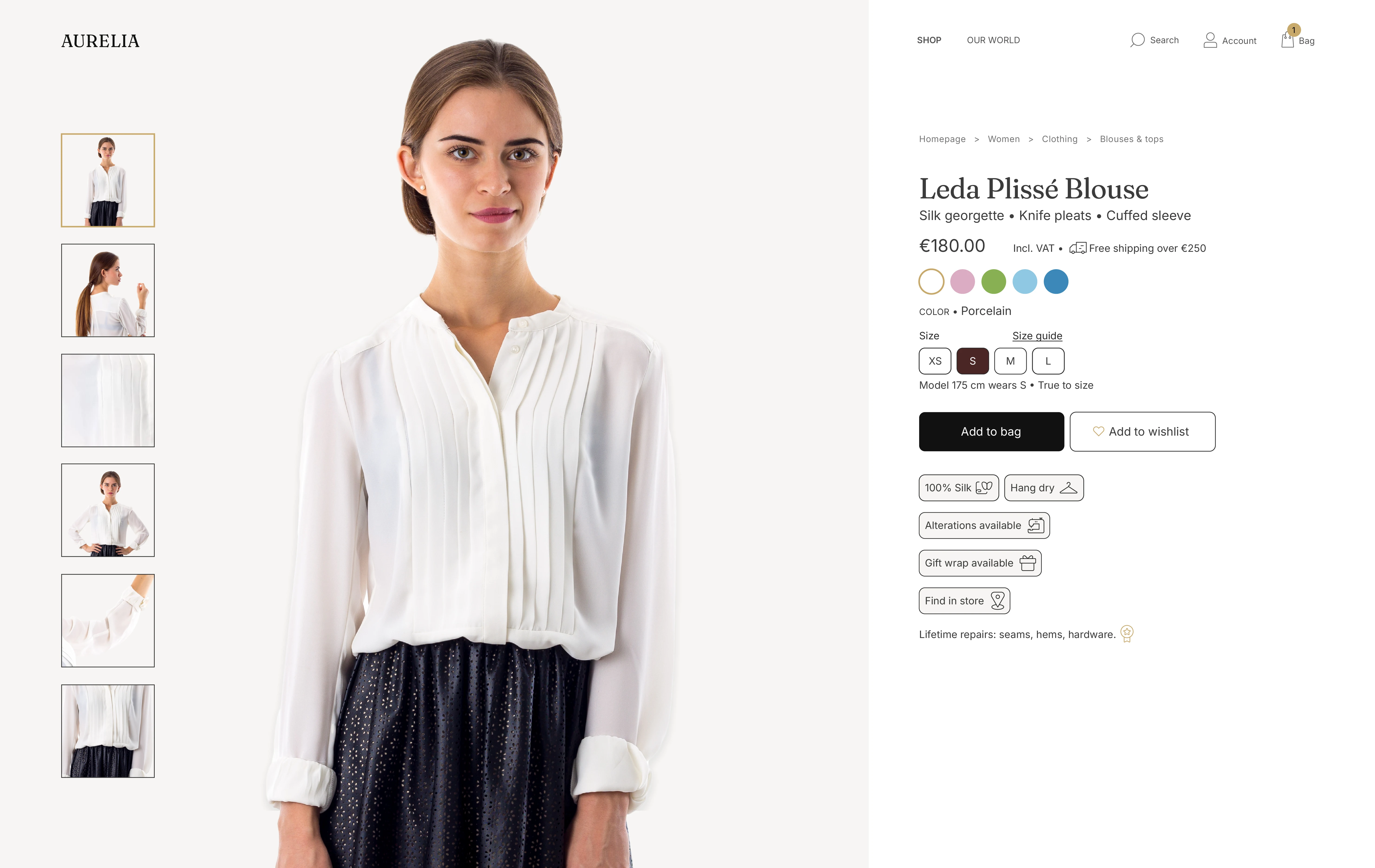 Aurelia ecommerce product page for a luxury womenswear item.