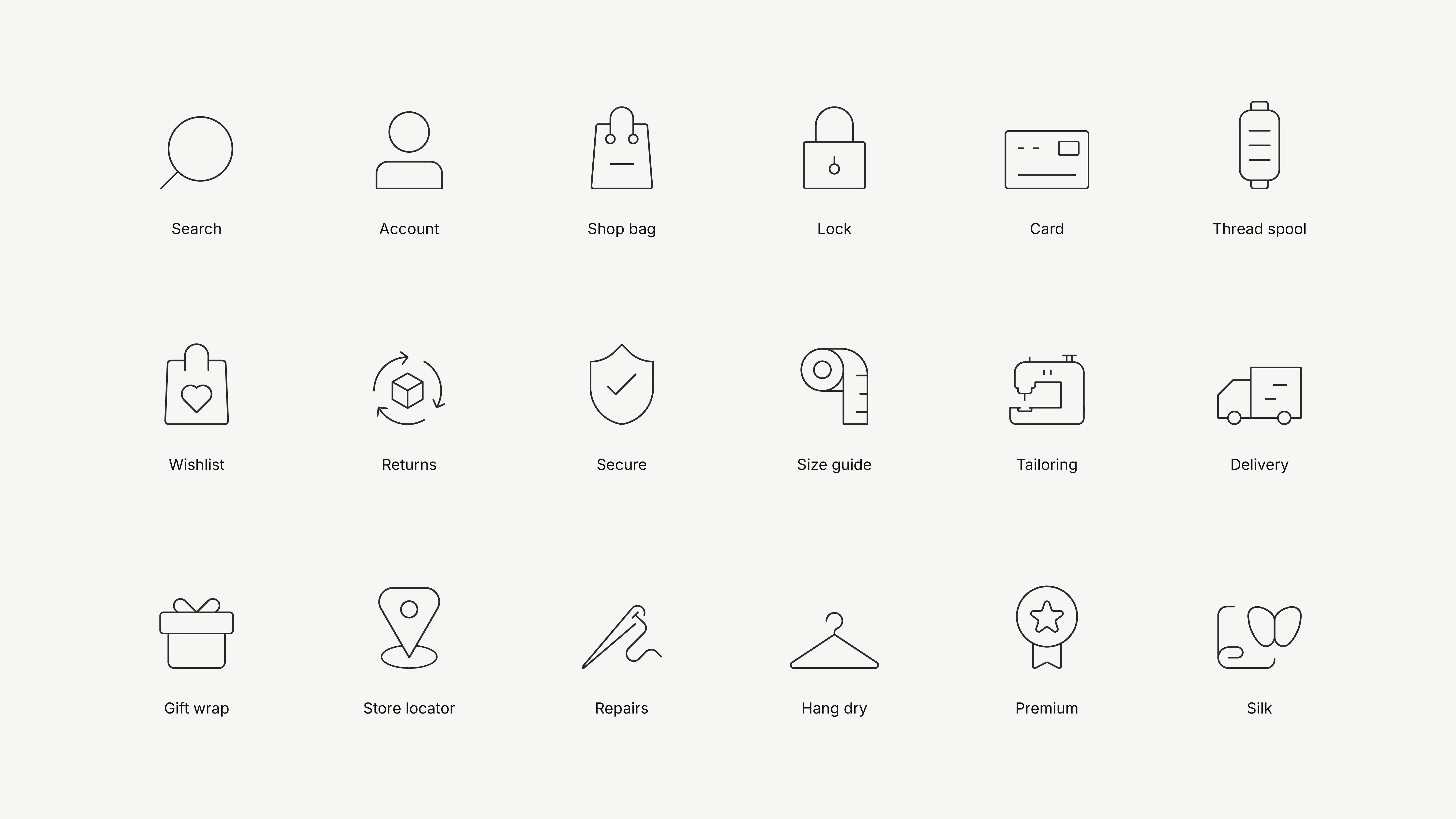 Aurelia iconography set for shopping, account, delivery, and care.