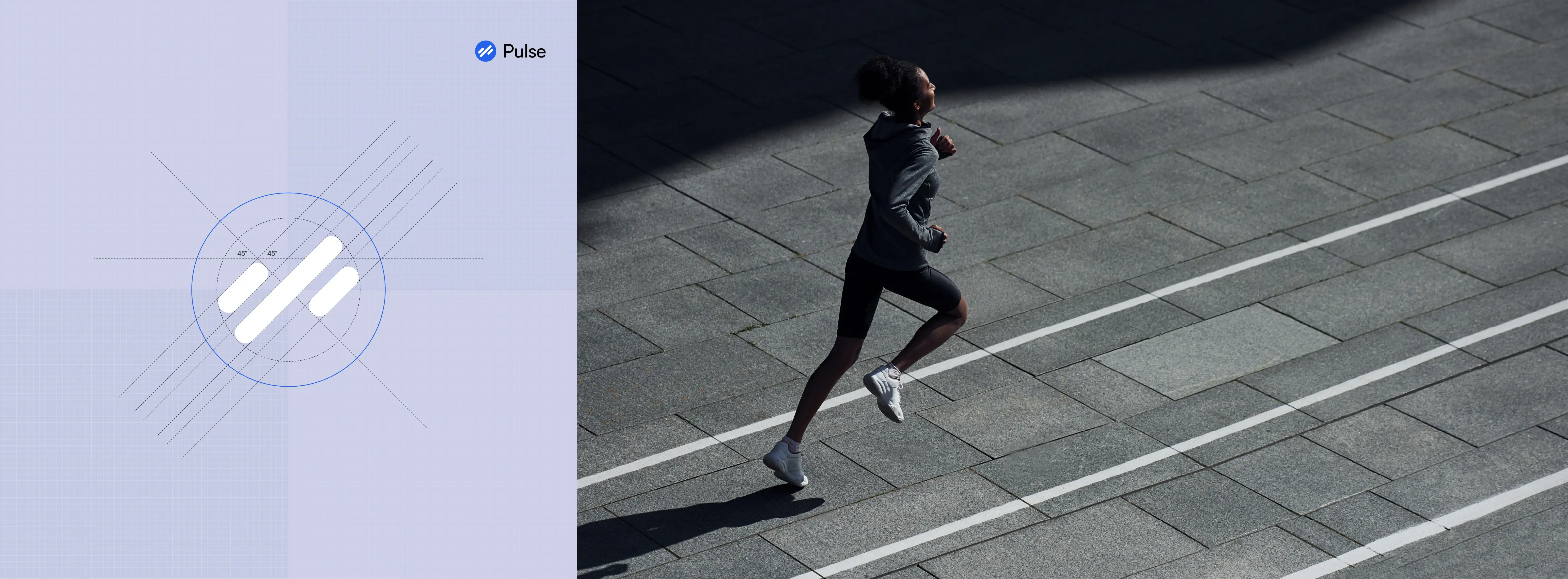 Pulse logo construction grid paired with a runner in motion.