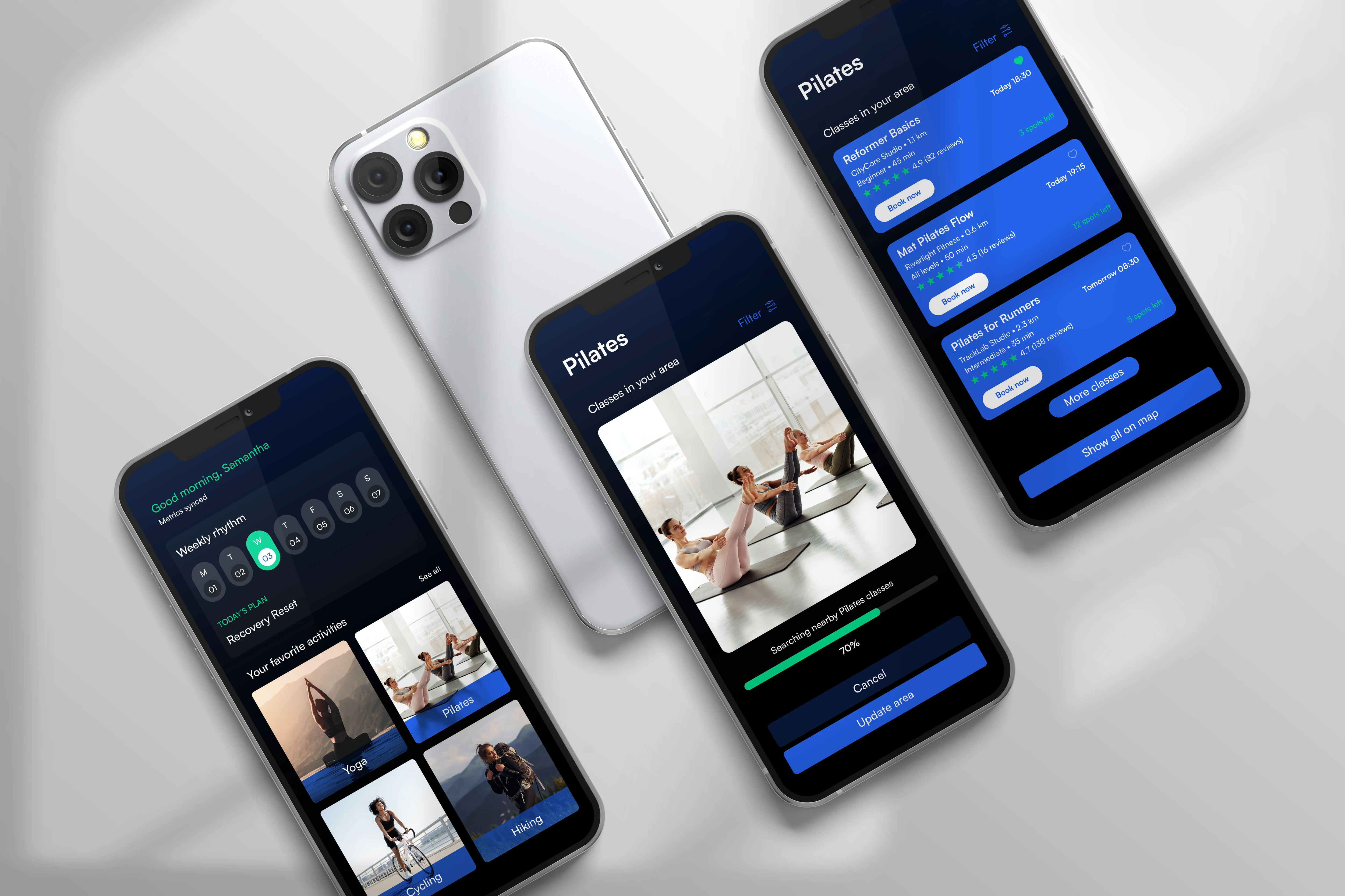 Pulse mobile app screens showing the class booking experience.