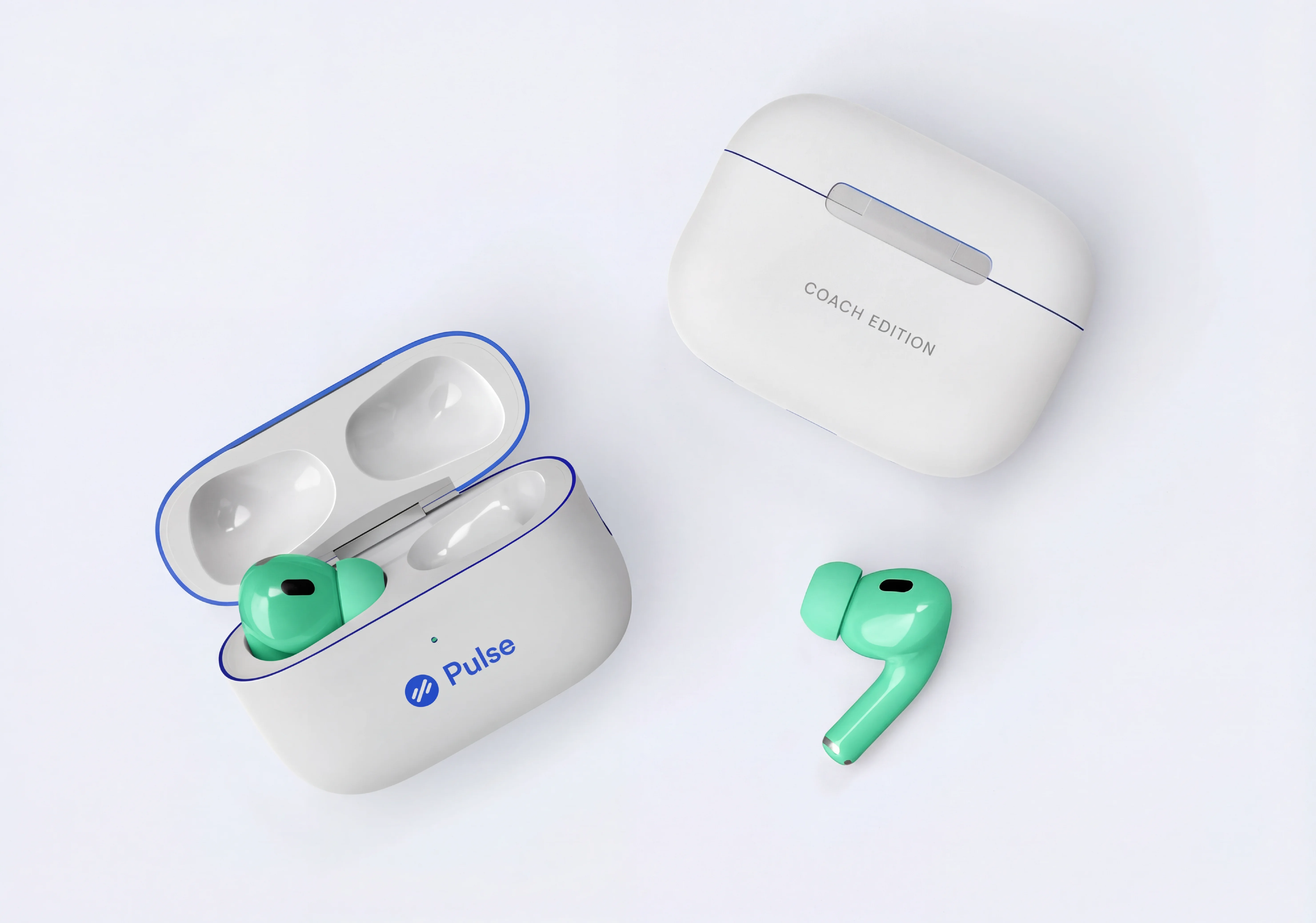 Pulse Coach Edition wireless earbuds and branded charging case.
