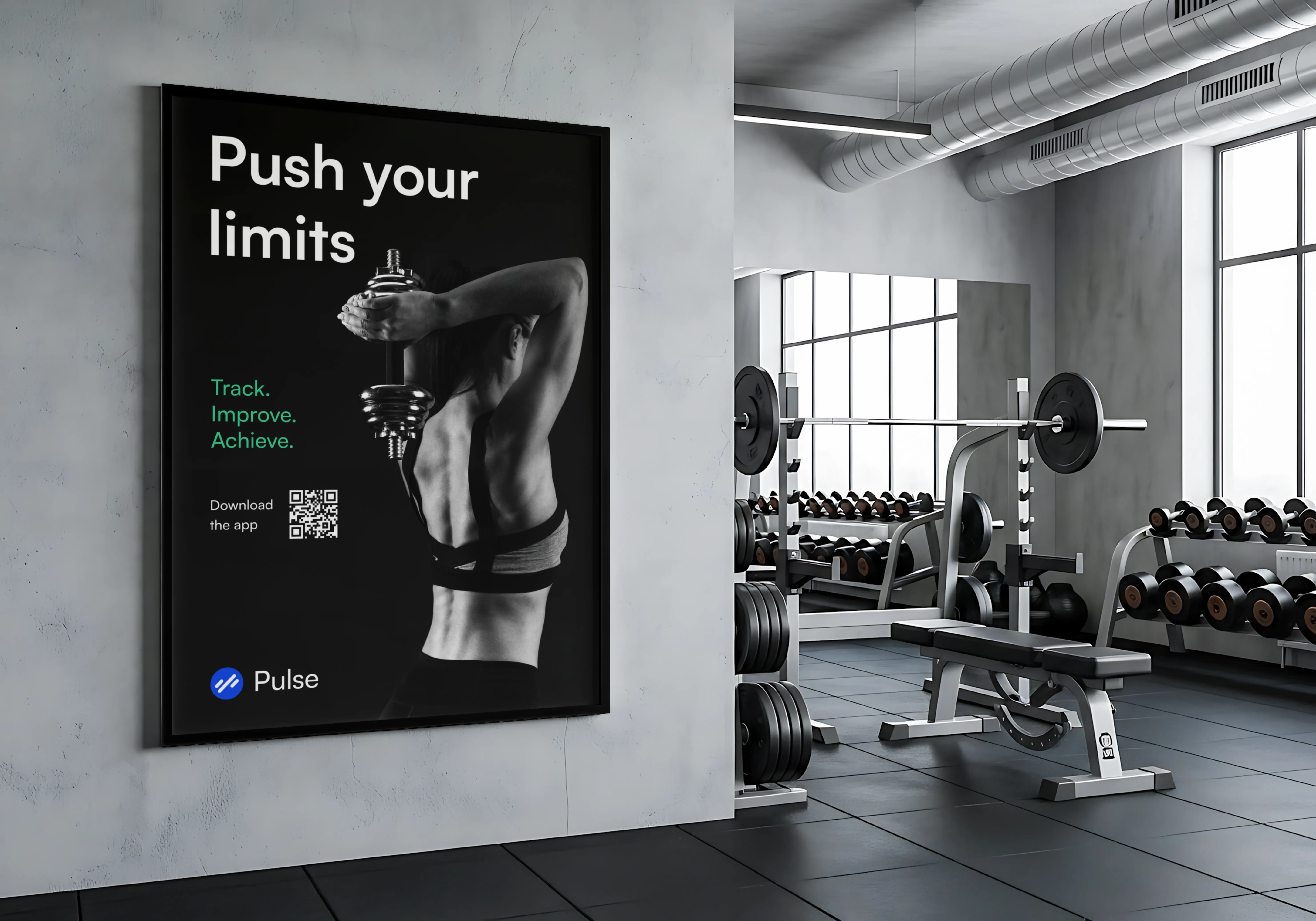 Pulse gym poster campaign featuring bold fitness messaging.