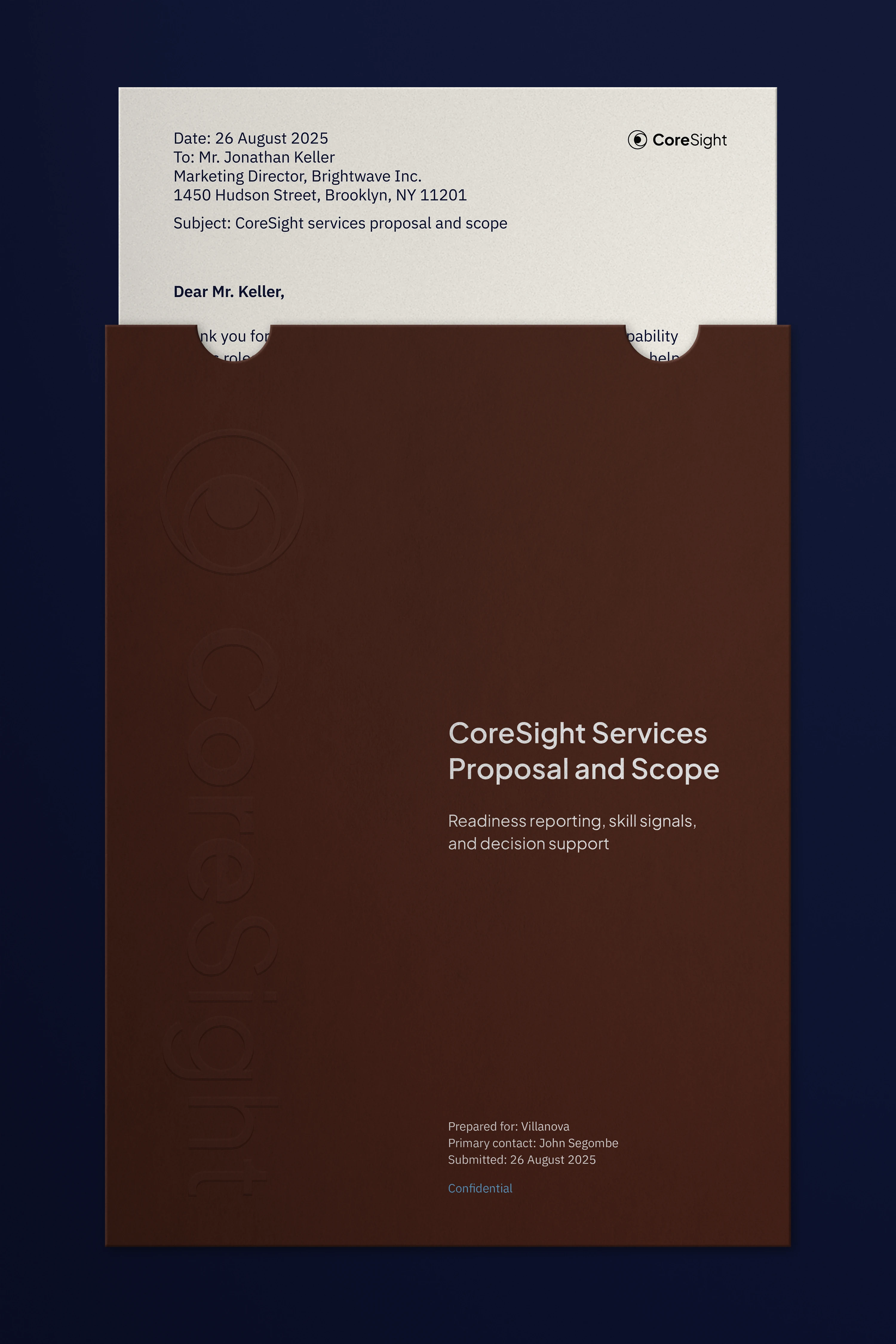 CoreSight branded proposal letter and document layout.